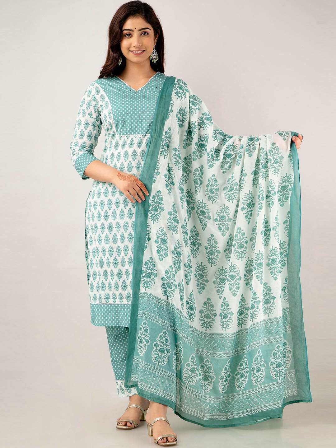 

Readiprint Fashions Printed V Neck Mirror Work Pure Cotton Kurta With Trousers & Dupatta, Sea green