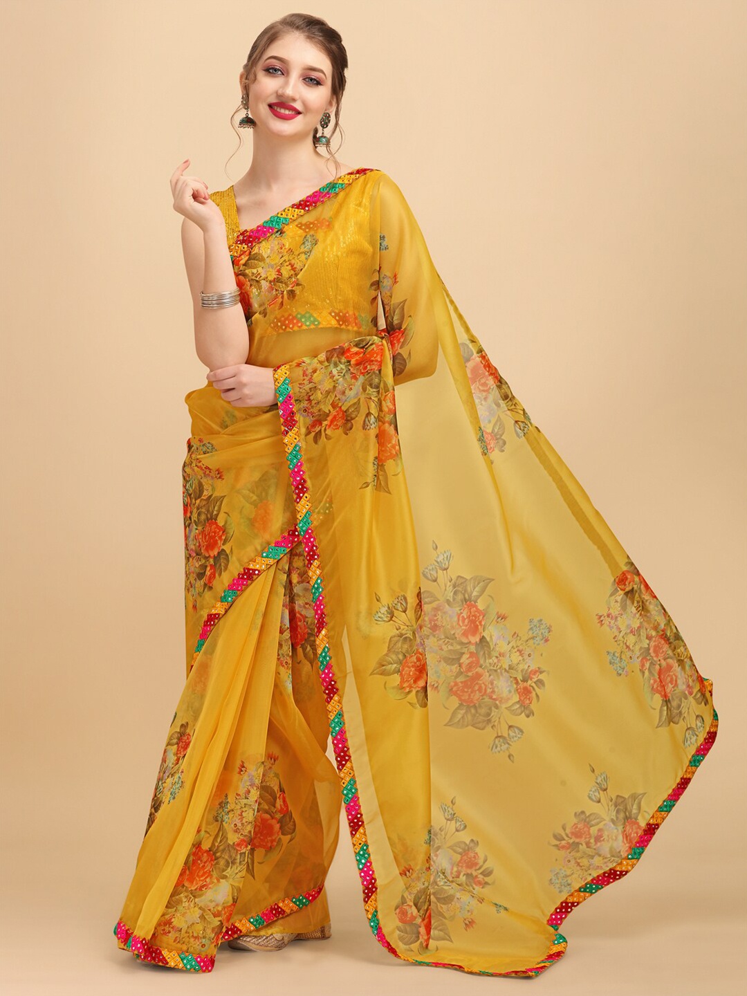 

Sangria Floral Printed Mirror Work Organza Saree, Mustard