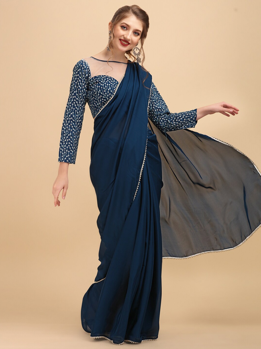 

Sangria Satin Saree With Beads & Stones Embellished Border, Navy blue