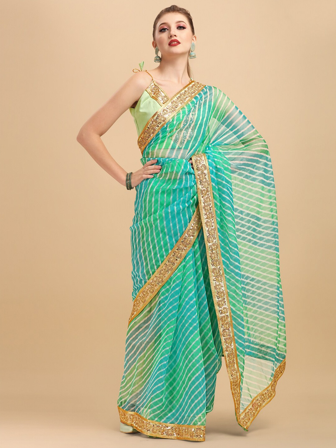 

Sangria Leheriya Printed Organza Saree, Sea green