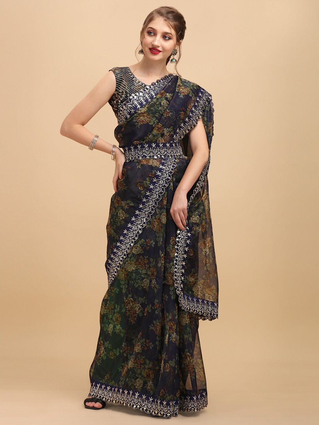 

Sangria Floral Printed Sequinned Belted Saree, Navy blue