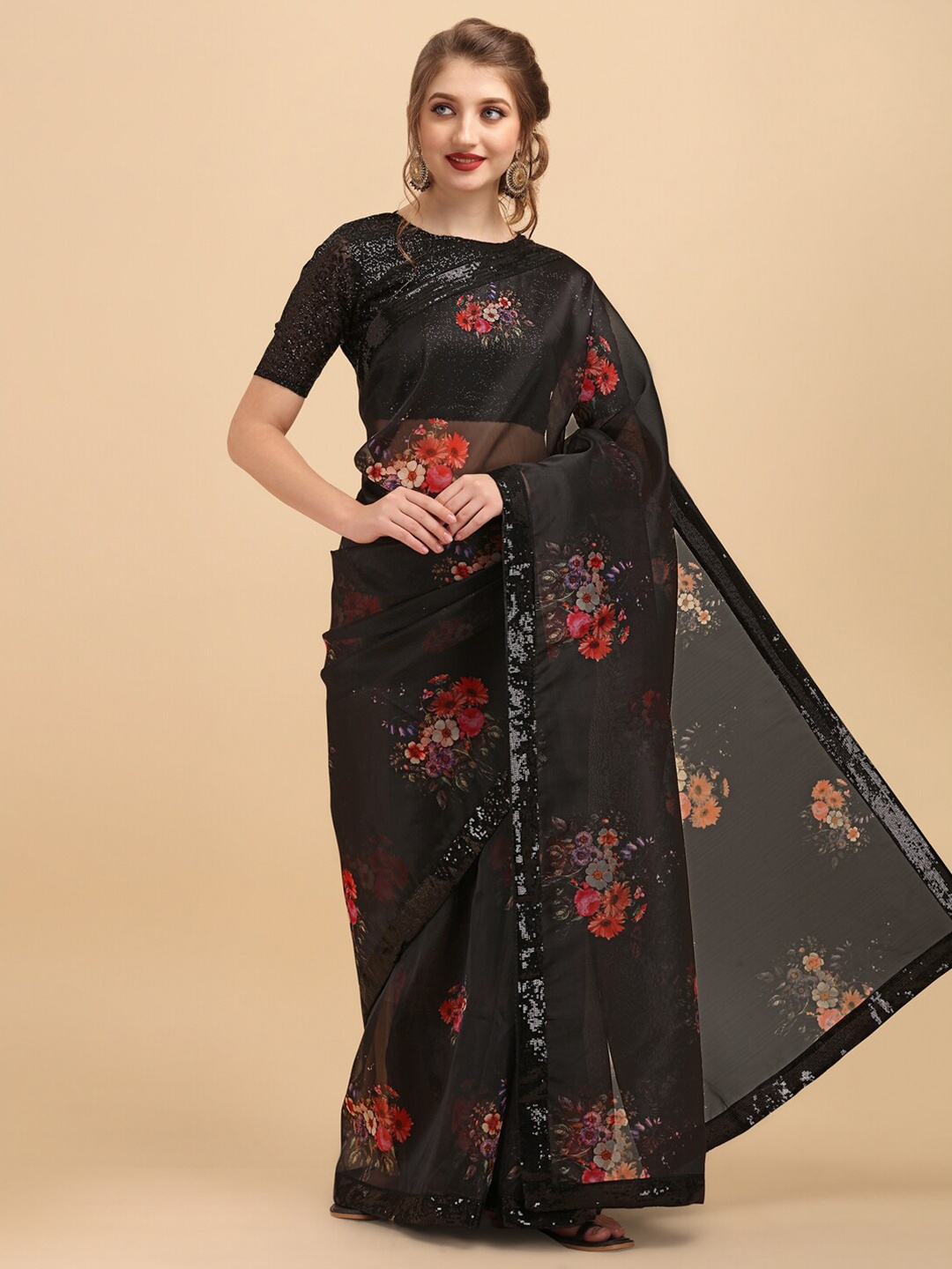 

Sangria Floral Printed Sequinned Border Organza Saree, Black