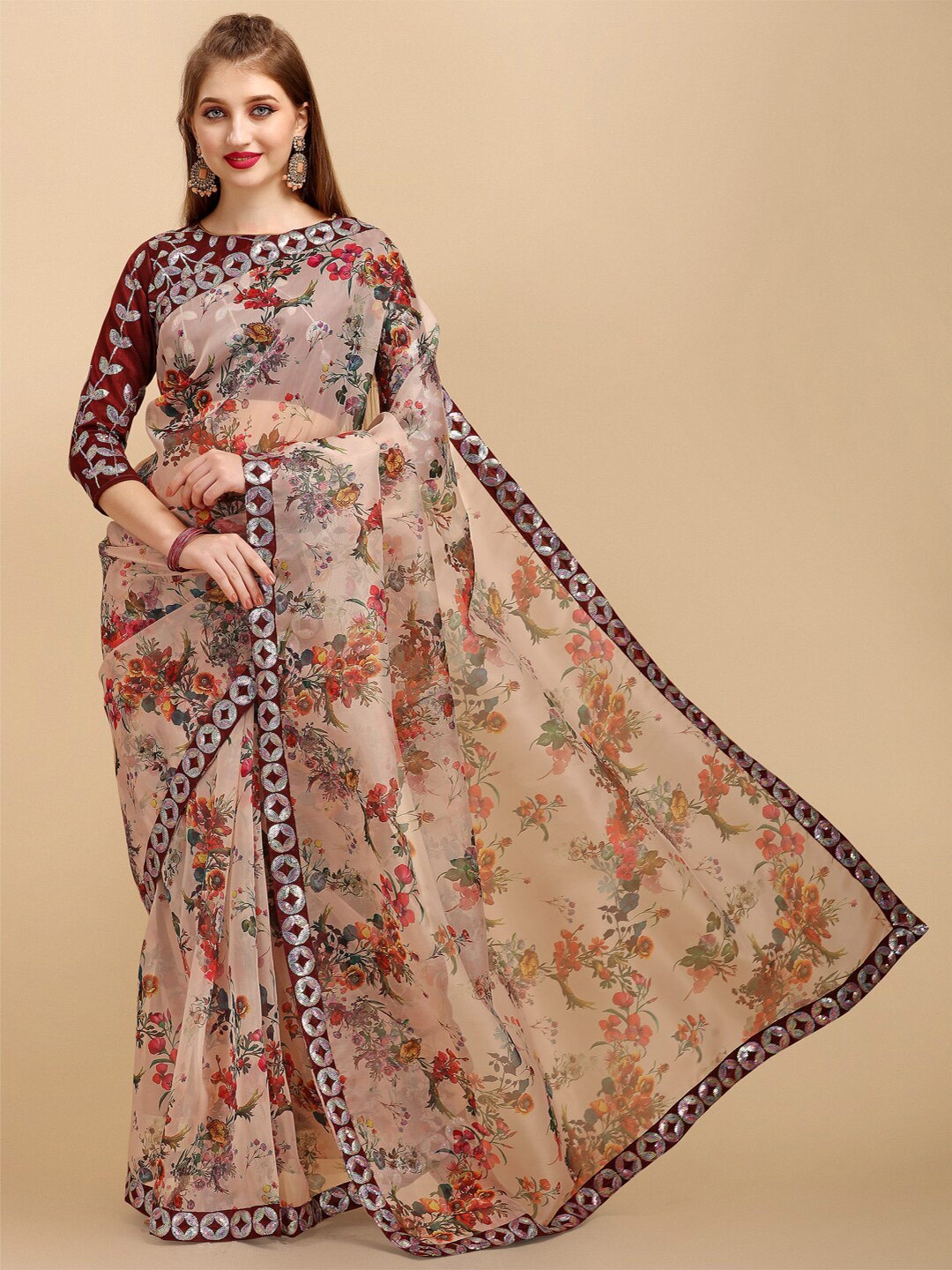 

Sangria Floral Printed Organza Sequined Border Saree, Coffee brown