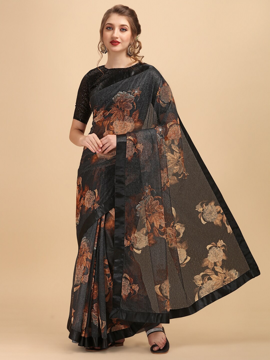 

Sangria Floral Blooming Printed Lace Party Saree, Black