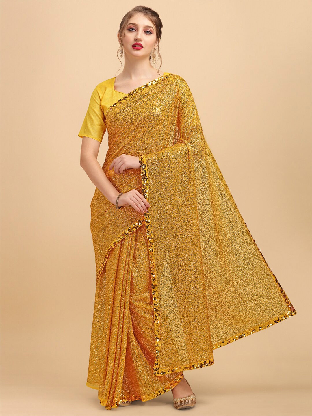 

Sangria Shinny Sequinned Embellished Saree With Blouse Piece, Yellow