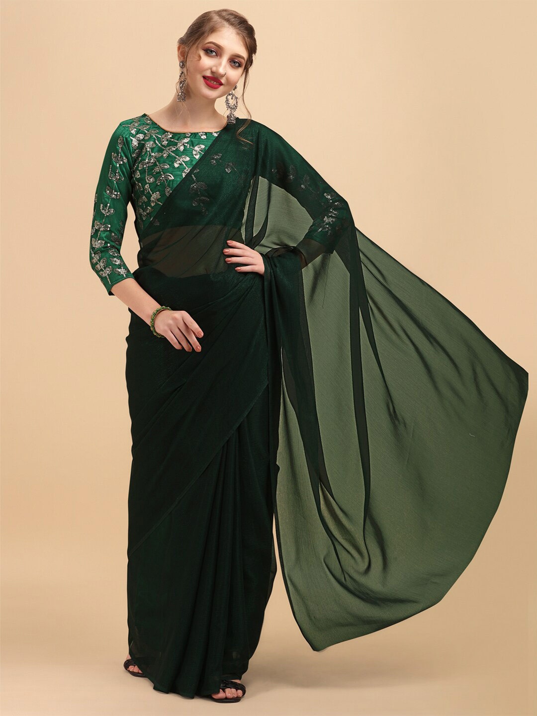 

Sangria Shimmery Liva Shinny Party Saree With Fancy Blouse, Olive