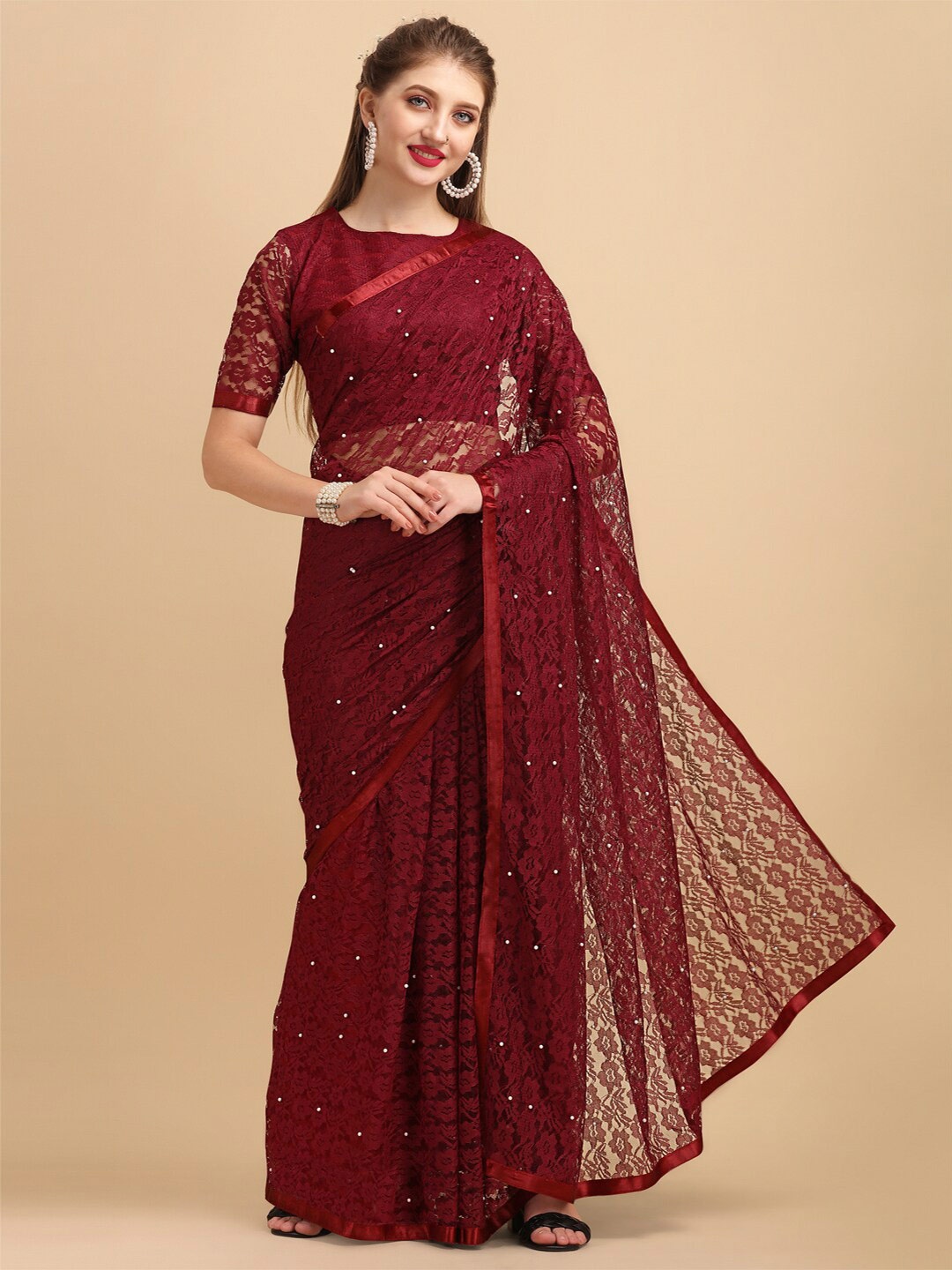 

Sangria Beaded Embellished Lace Saree, Maroon