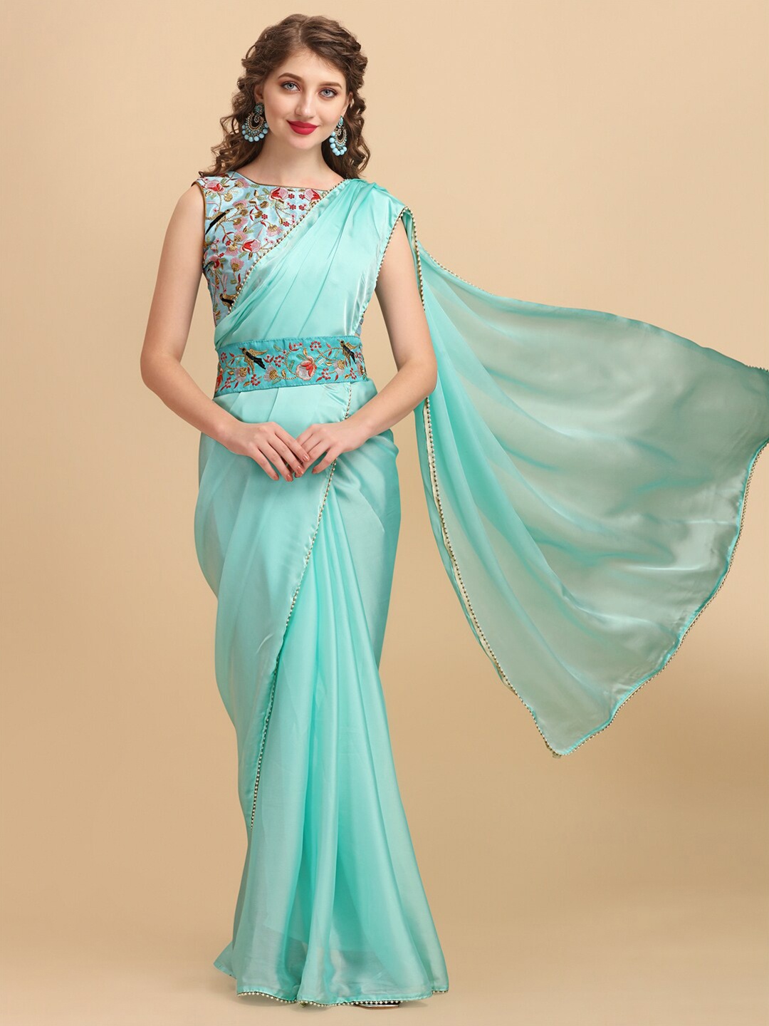 

Sangria Pearl Border Detail Saree With Embroidered Blouse & Sleeves, Sea green