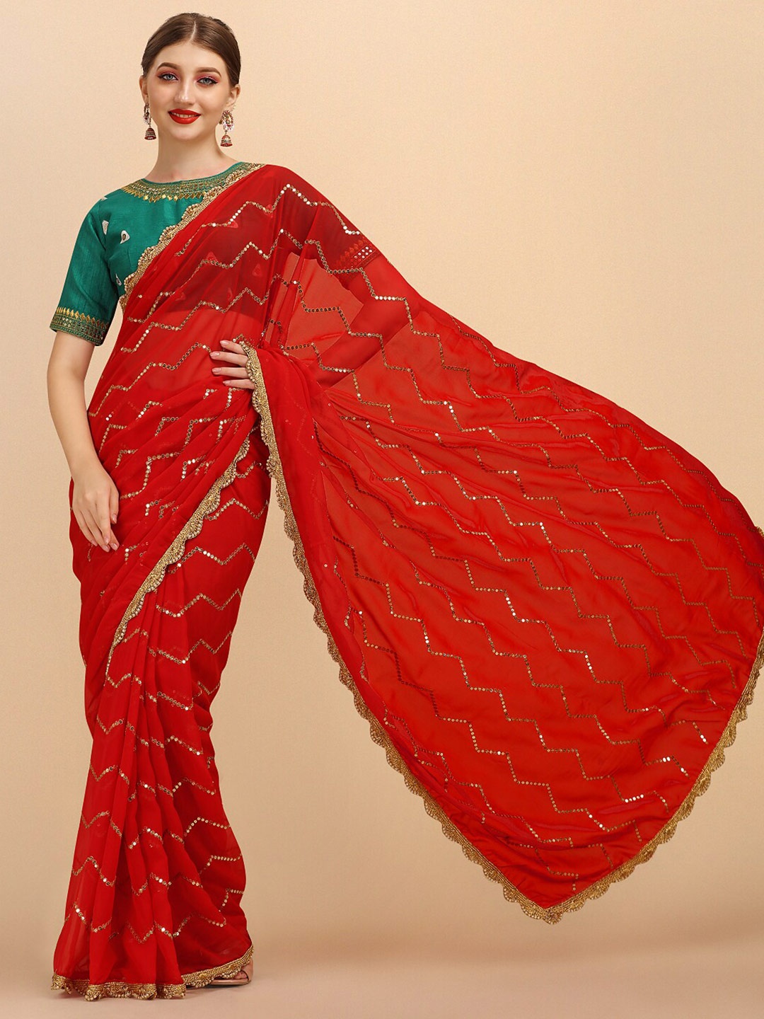 

Sangria Stripped Embellished Sequinned Saree With Embroidered Blouse, Red