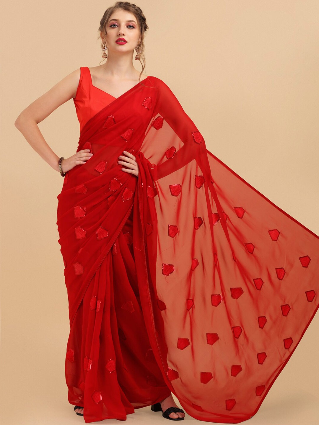 

Sangria Geometric Sequinned Pure Georgette Designer Saree, Red