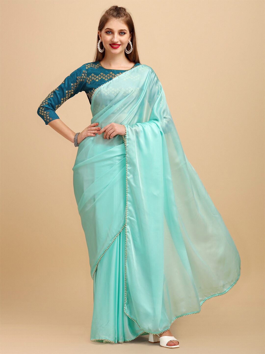 

Sangria Satin Saree With Beads & Stones Embellished Border, Sea green