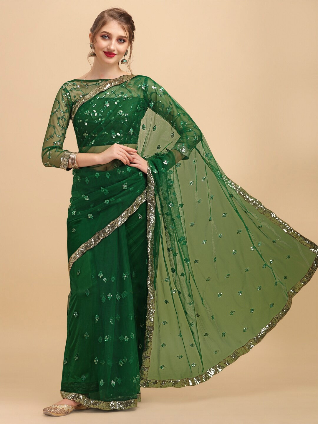 

Sangria Embellished Sequinned Net Saree, Olive