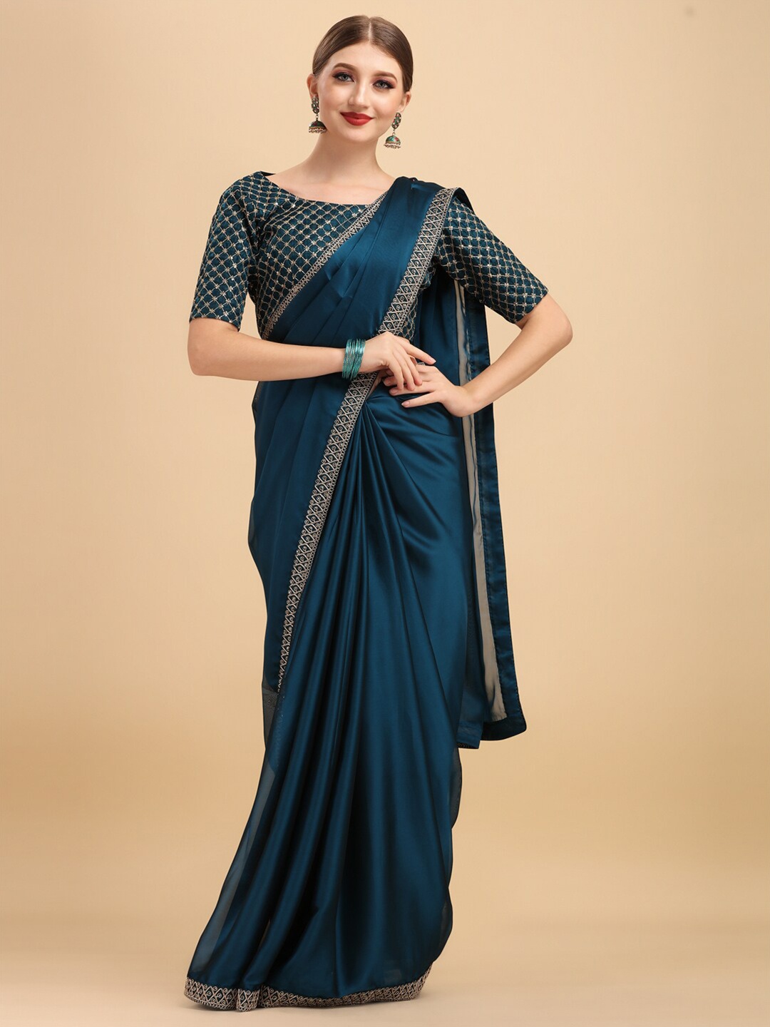 

Sangria Satin Saree With Embroidered Border, Teal