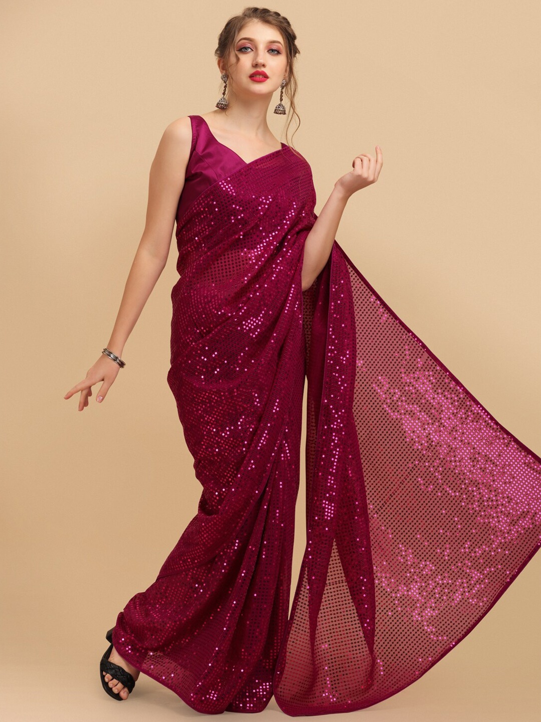 

Sangria Embellished Sequinned Pure Georgette Saree, Burgundy