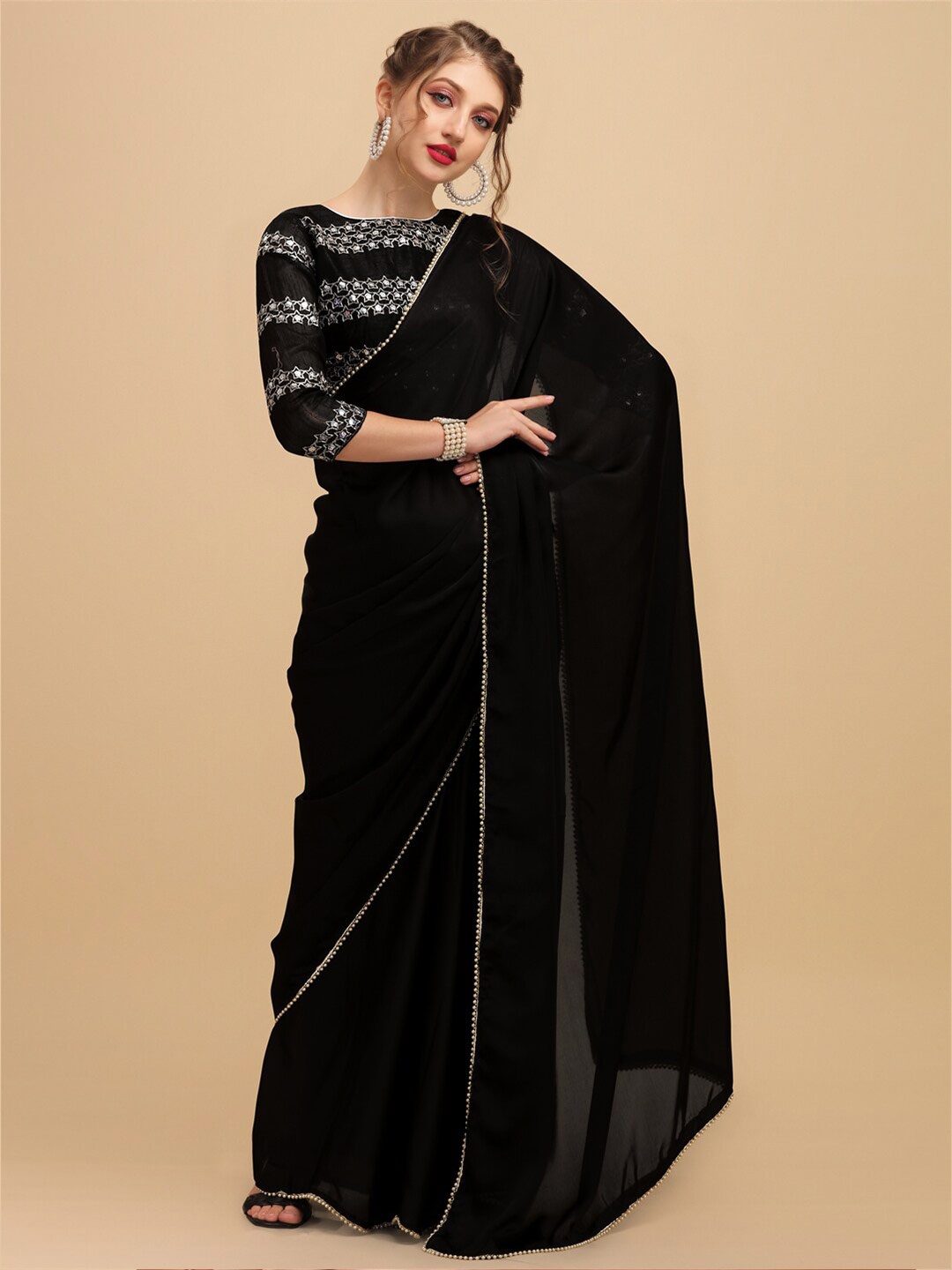 

Sangria Pearl Border Detail Saree With Embroidered Blouse, Black