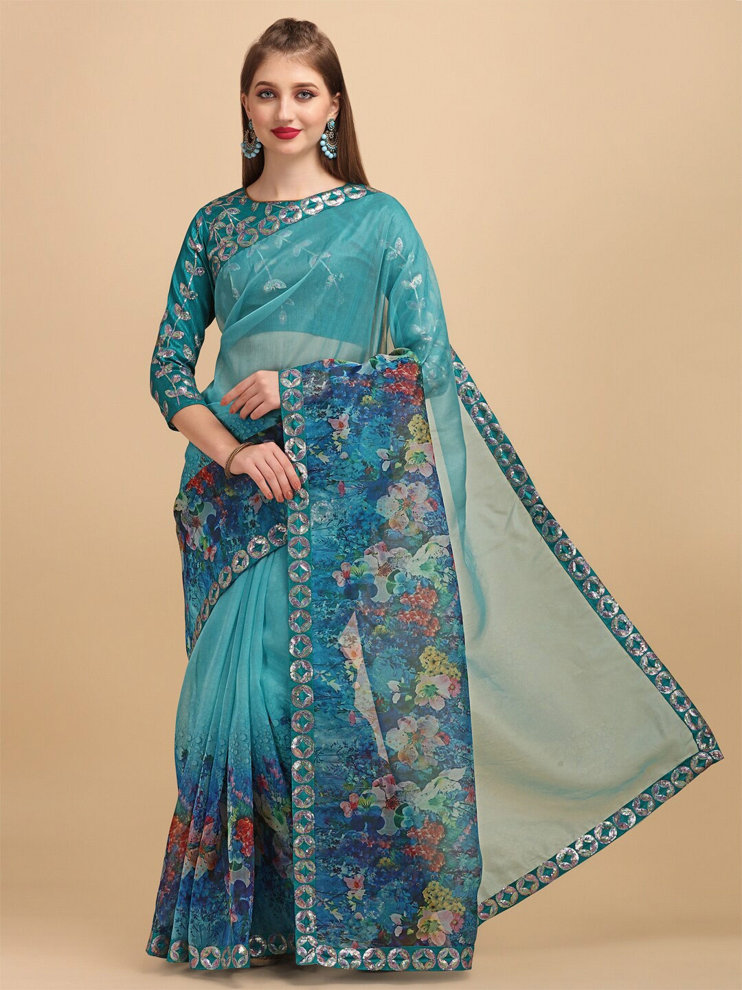 

Sangria Floral Organza Sequined Border Saree, Sea green