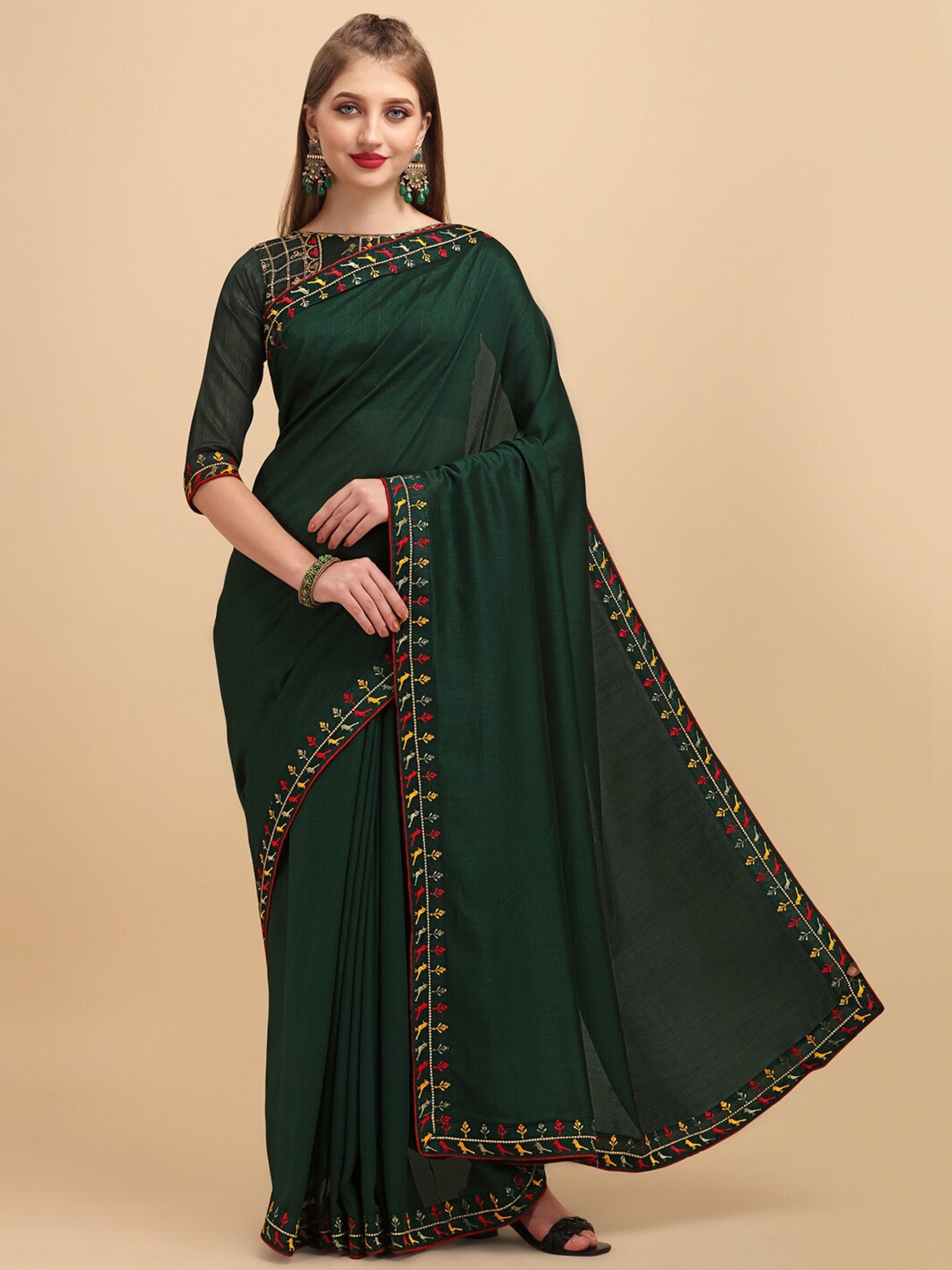 

Sangria Ethnic Motifs Embroidered Silk Blend Saree, Olive