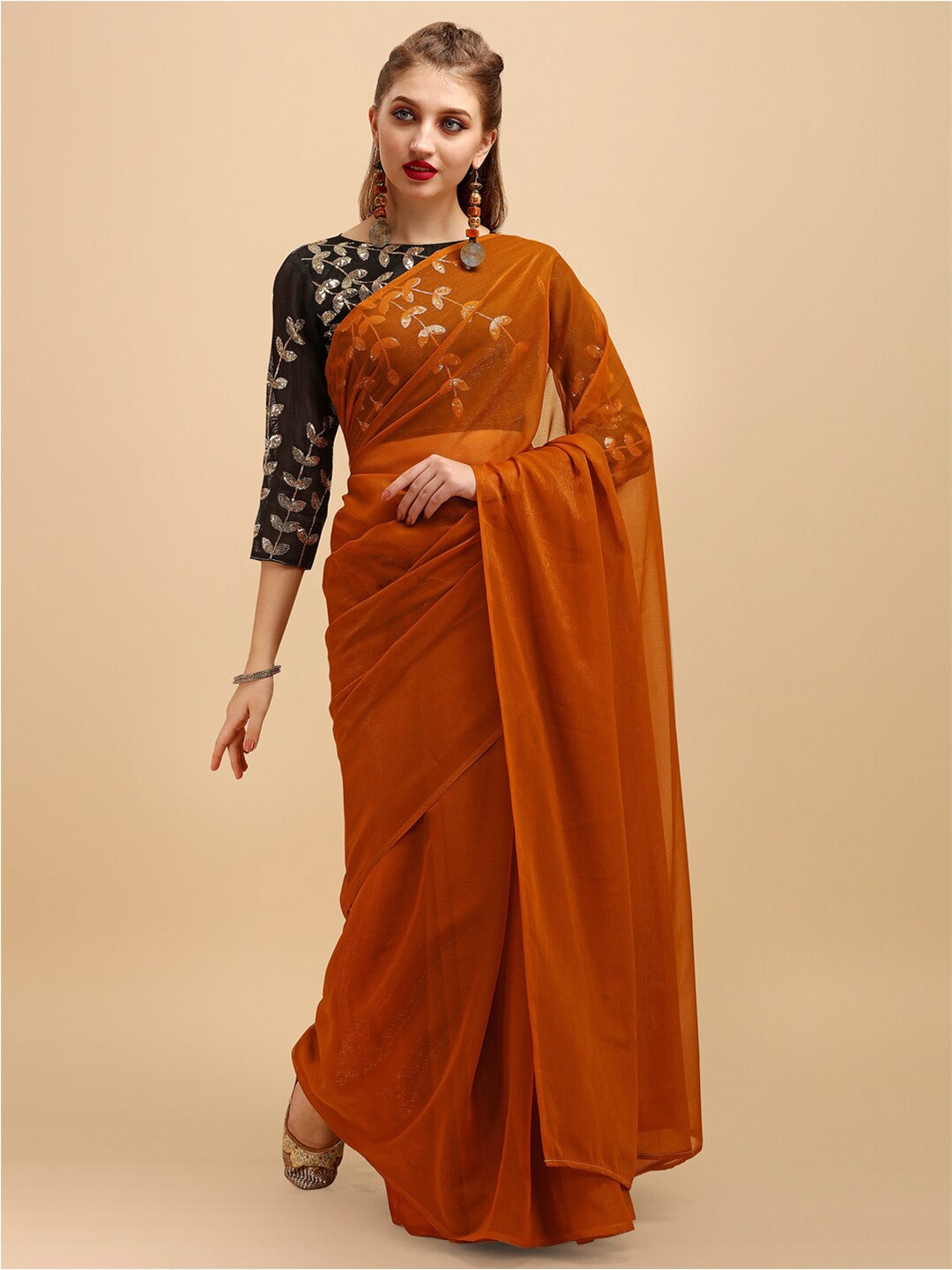 

Sangria Shimmery Zari Saree With Fancy Blouse Piece, Mustard