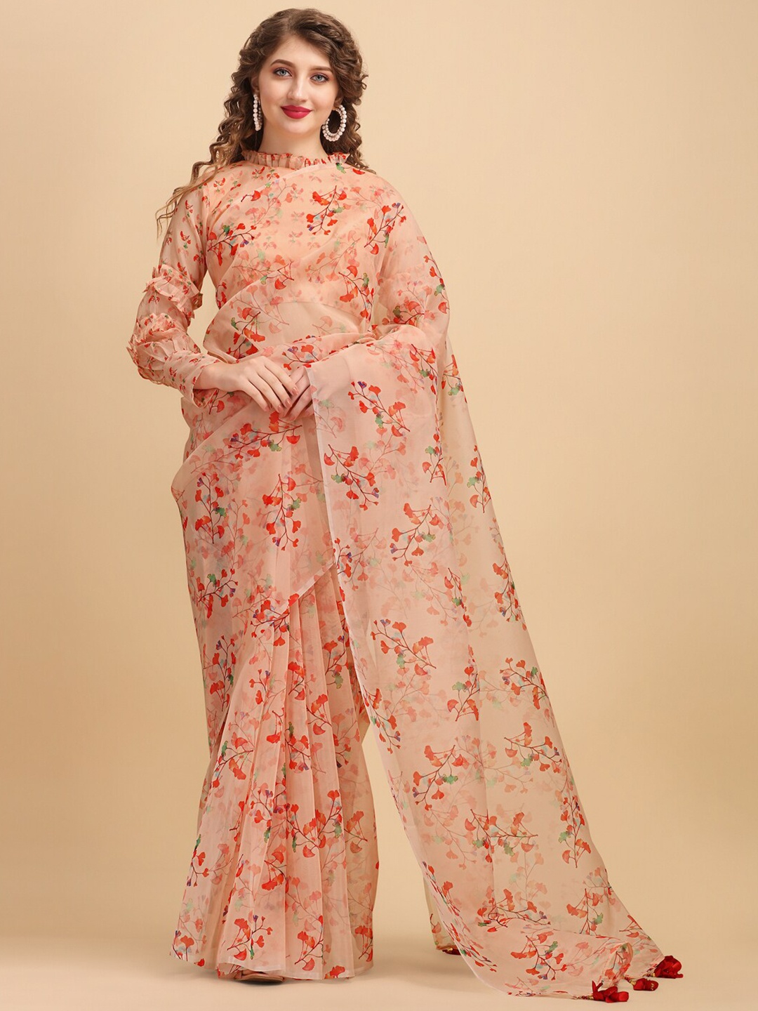

Sangria Floral Printed Organza Saree, Pink