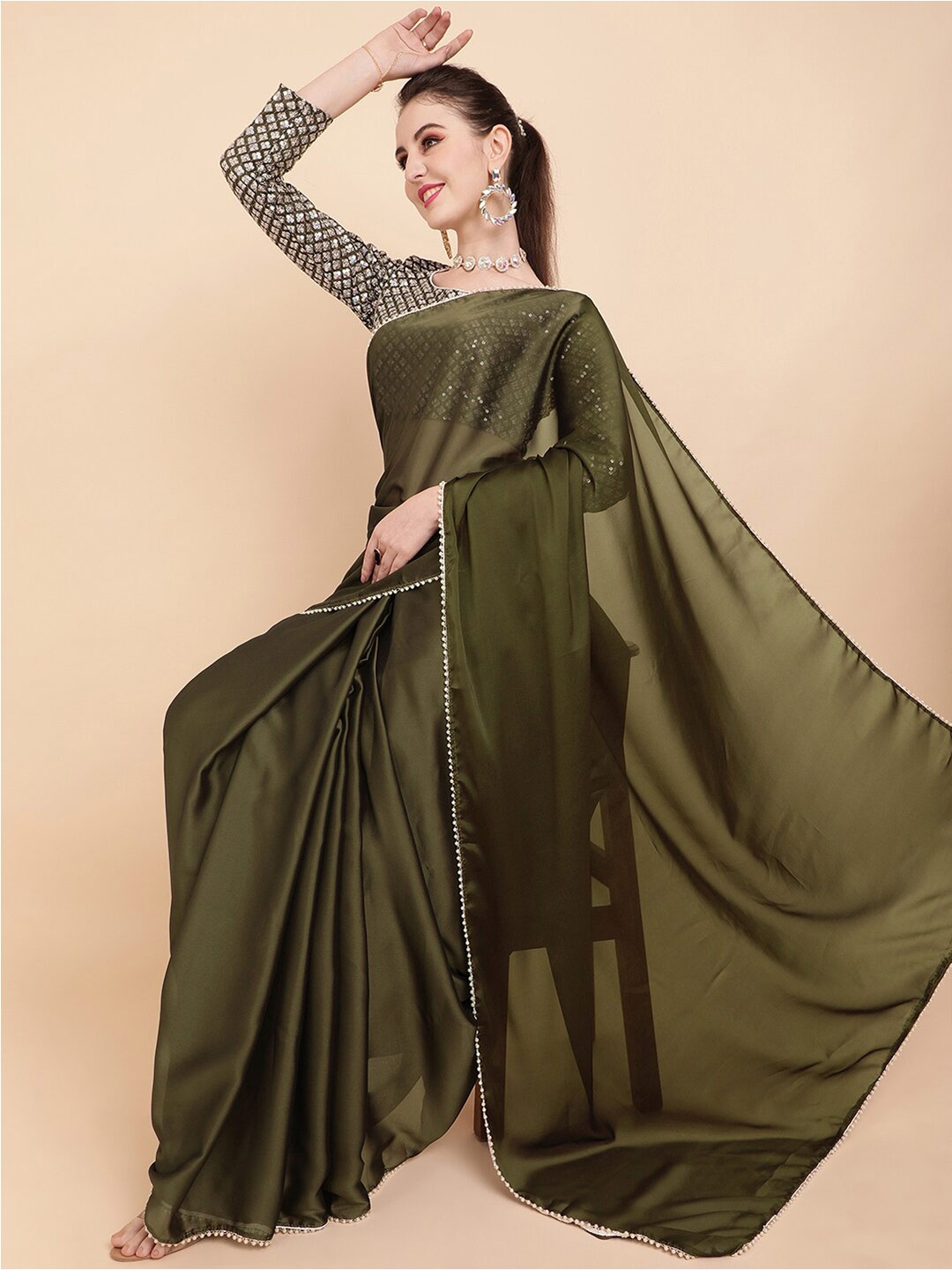 

Sangria Beads and Stones Satin Heavy Work Saree, Olive