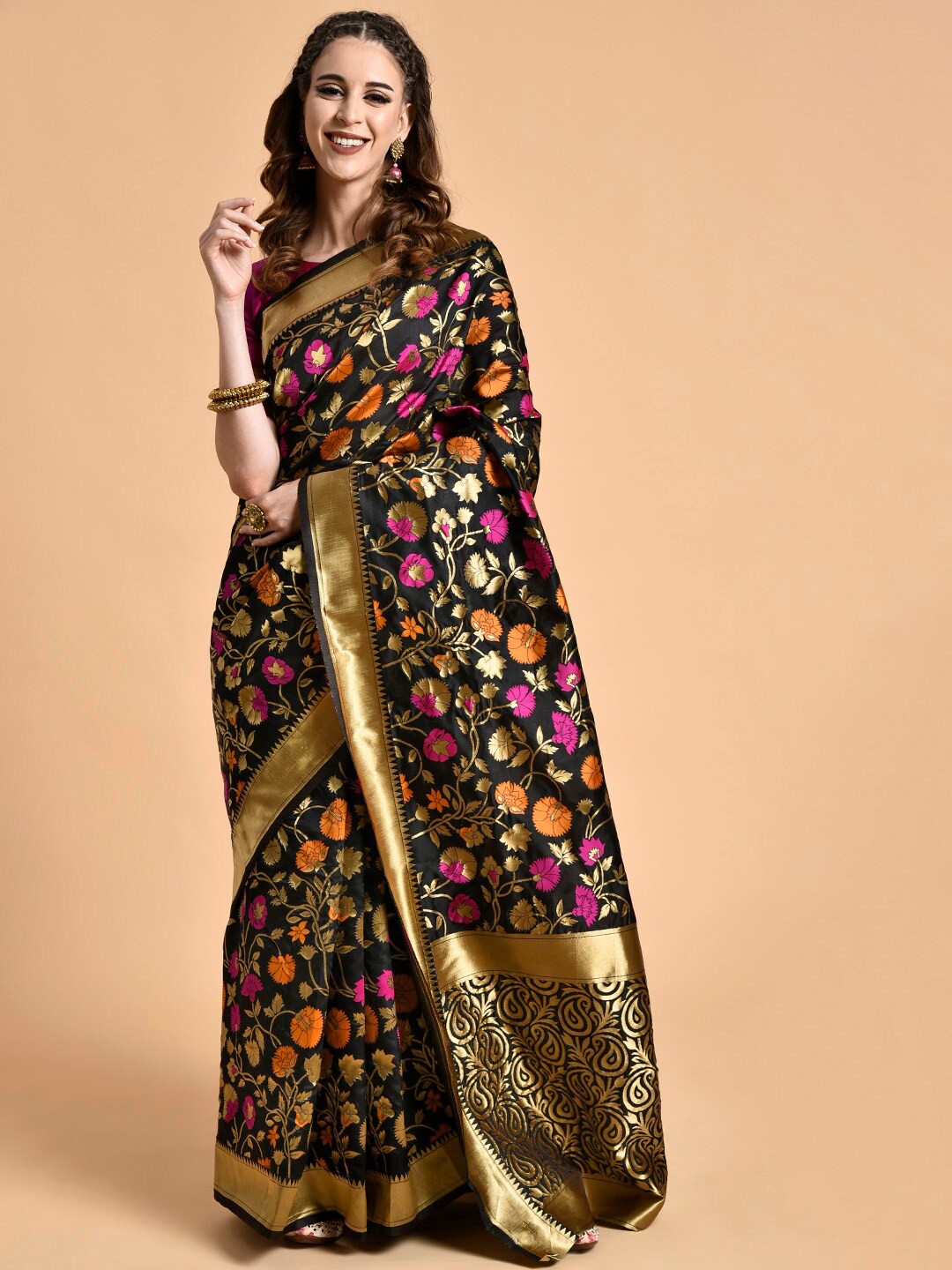 

Sangria Woven-Design Jaquard Heavy Work Zari Saree, Black