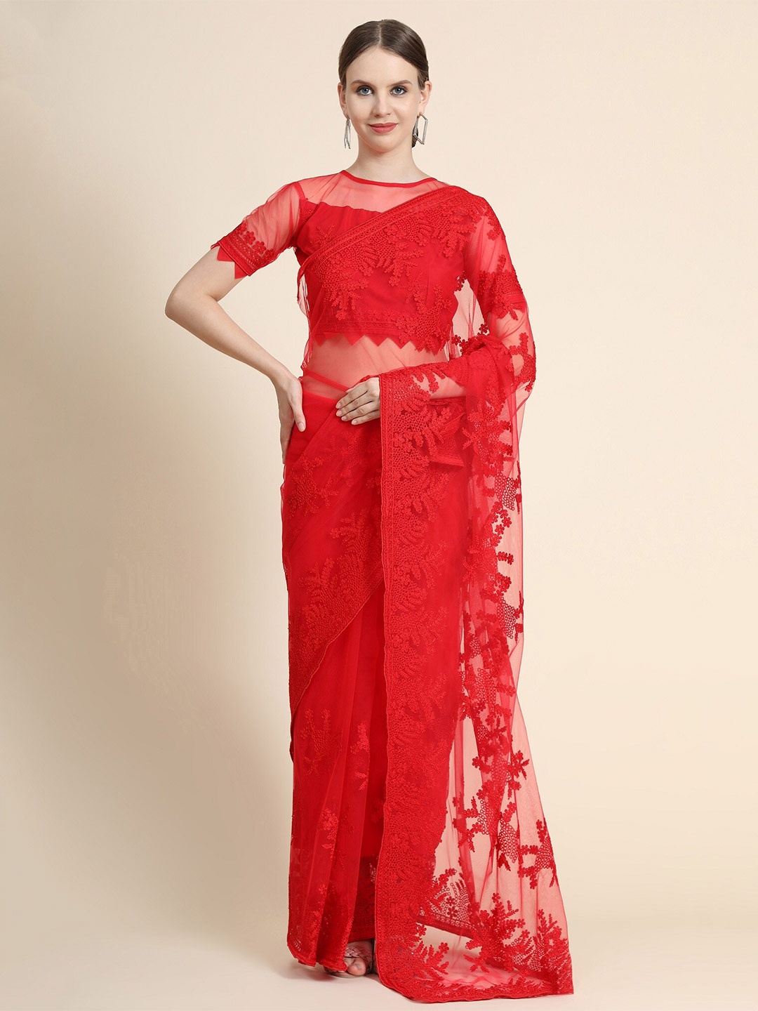 

Nimidiya Floral Motifs Embroidered Net Saree, Red
