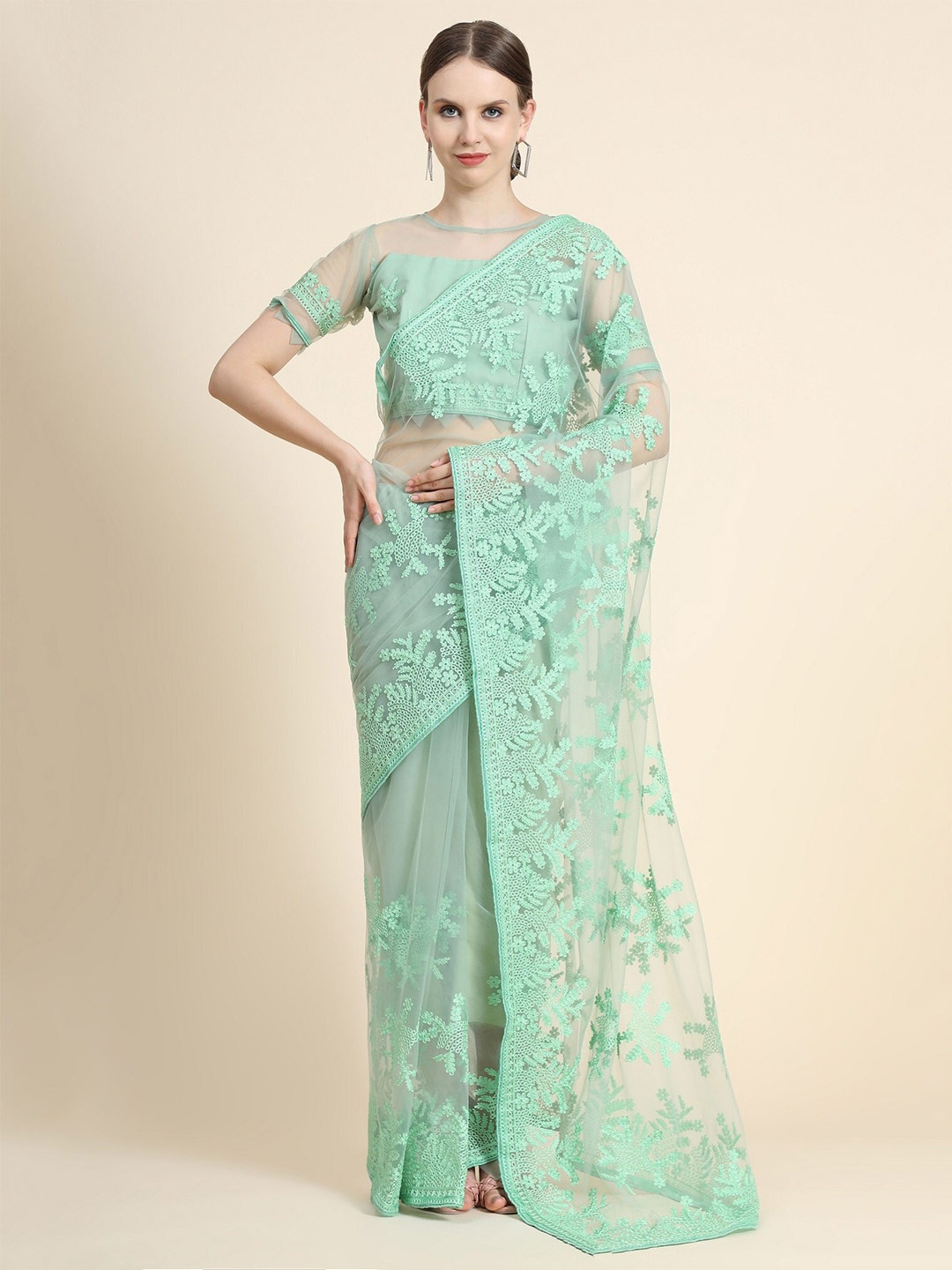 

Nimidiya Floral Motifs Embroidered Net Saree, Sea green