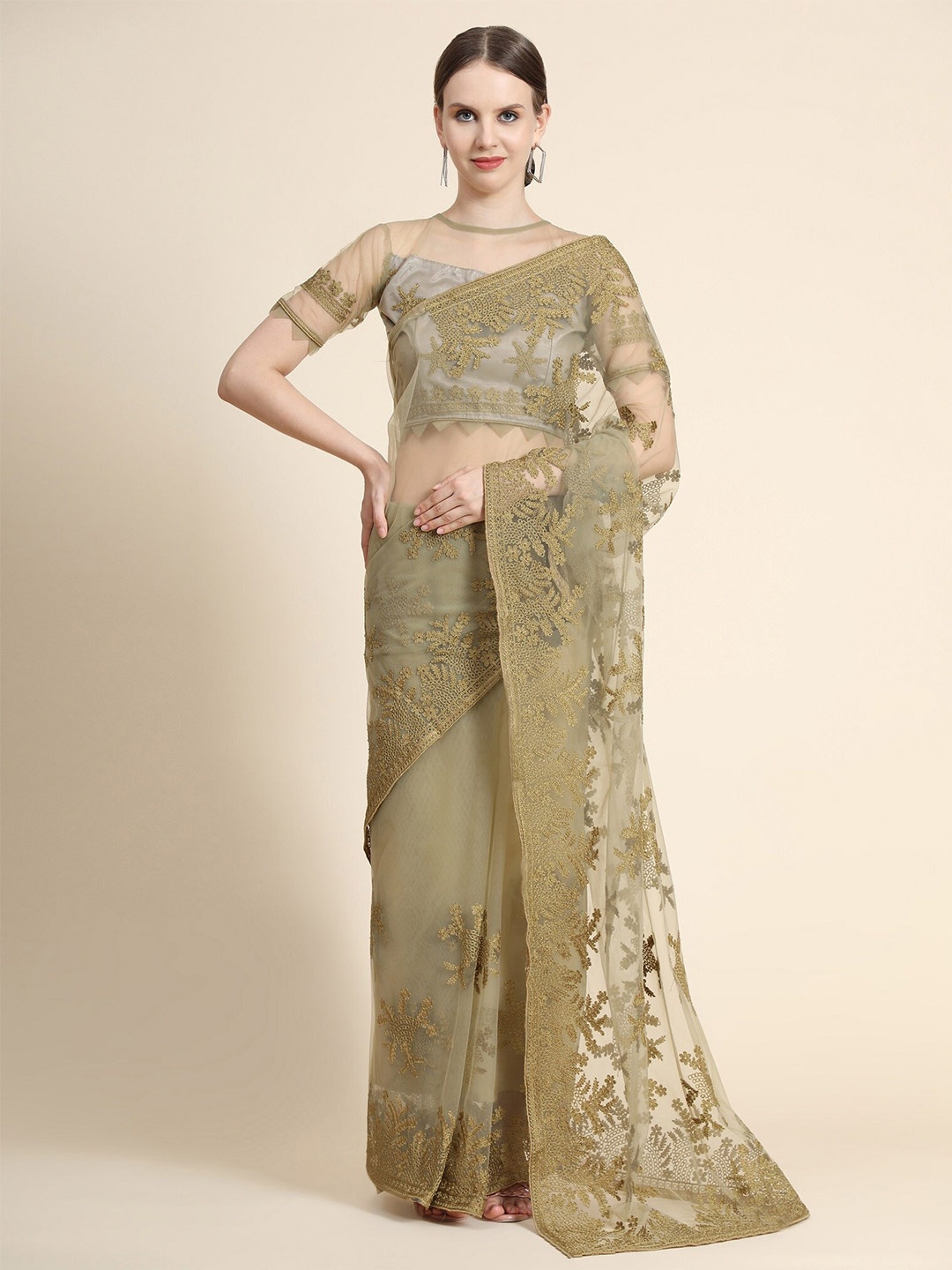 

Nimidiya Ethnic Motifs Embroidered Net Saree, Brown