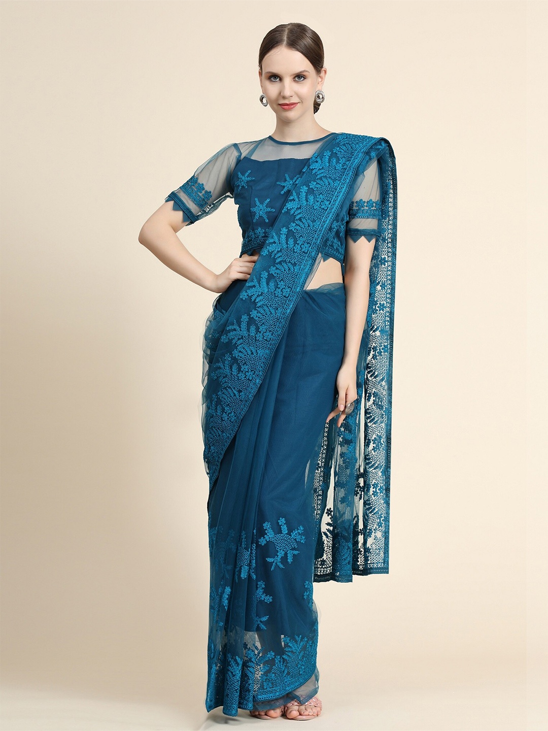 

Nimidiya Floral Motifs Embroidered Net Saree, Teal