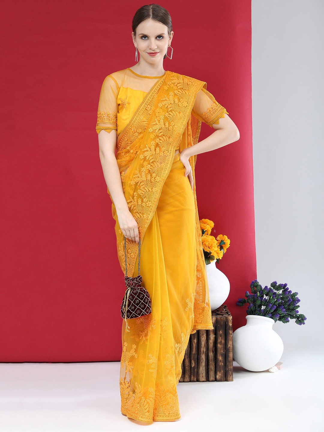 

Nimidiya Floral Motifs Embroidered Net Saree, Mustard