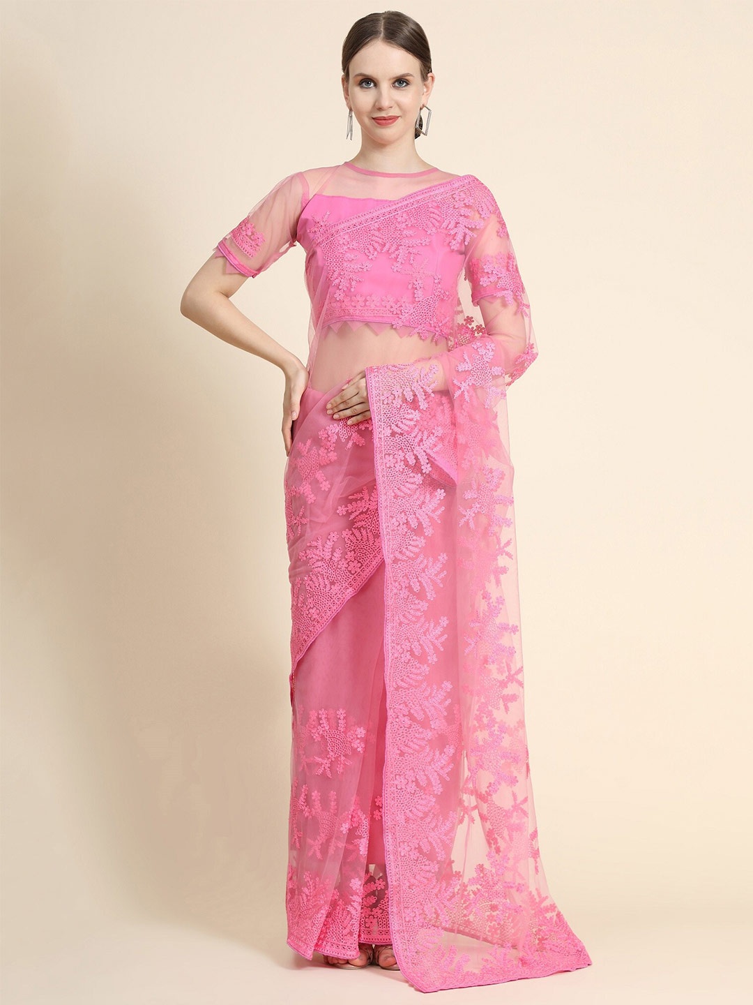 

Nimidiya Floral Motifs Embroidered Net Saree, Pink