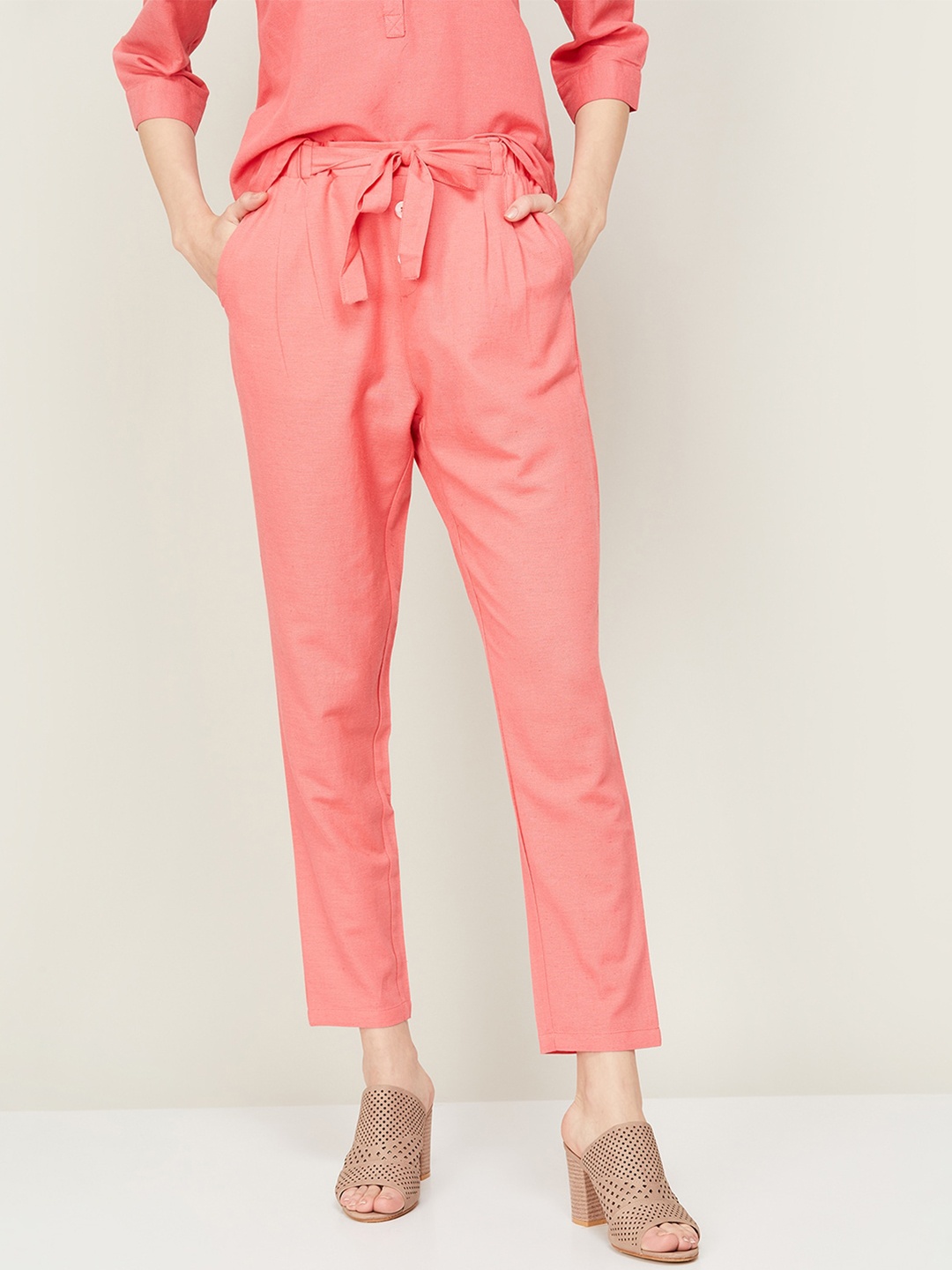 

CODE by Lifestyle Women Pleated Mid-Rise Cropped Regular Trousers, Coral