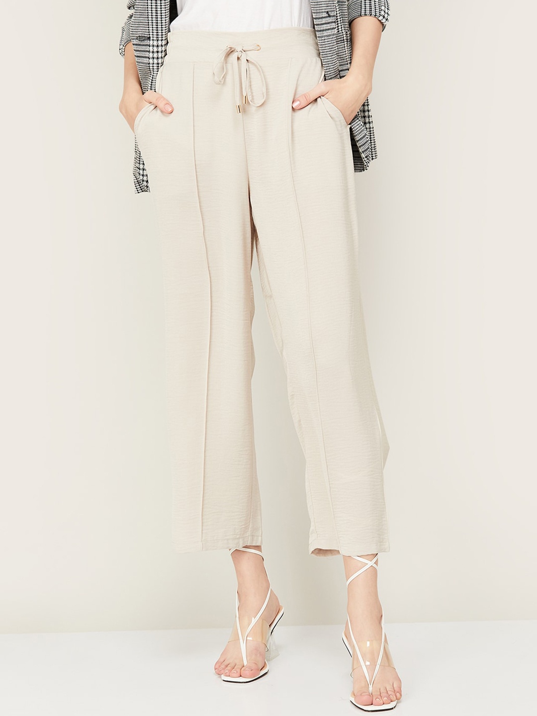 

CODE by Lifestyle Women Pleated Mid-Rise Parallel Trousers, Beige