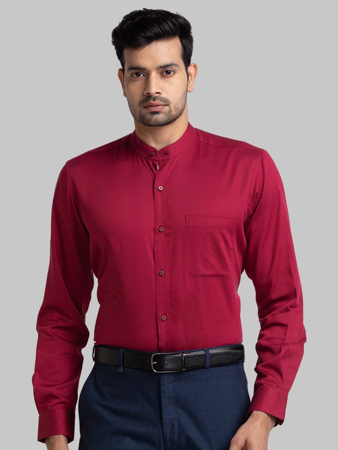 

Raymond Contemporary Fit Mandarin Collar Pure Cotton Formal Shirt, Red
