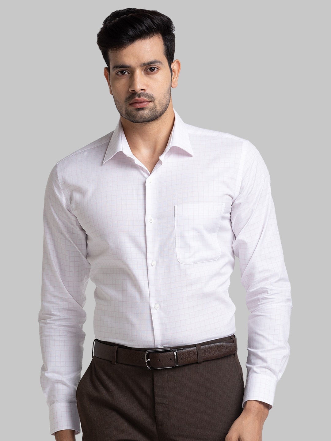 Raymond Contemporary Fit Checked Pure Cotton Formal Shirts, White