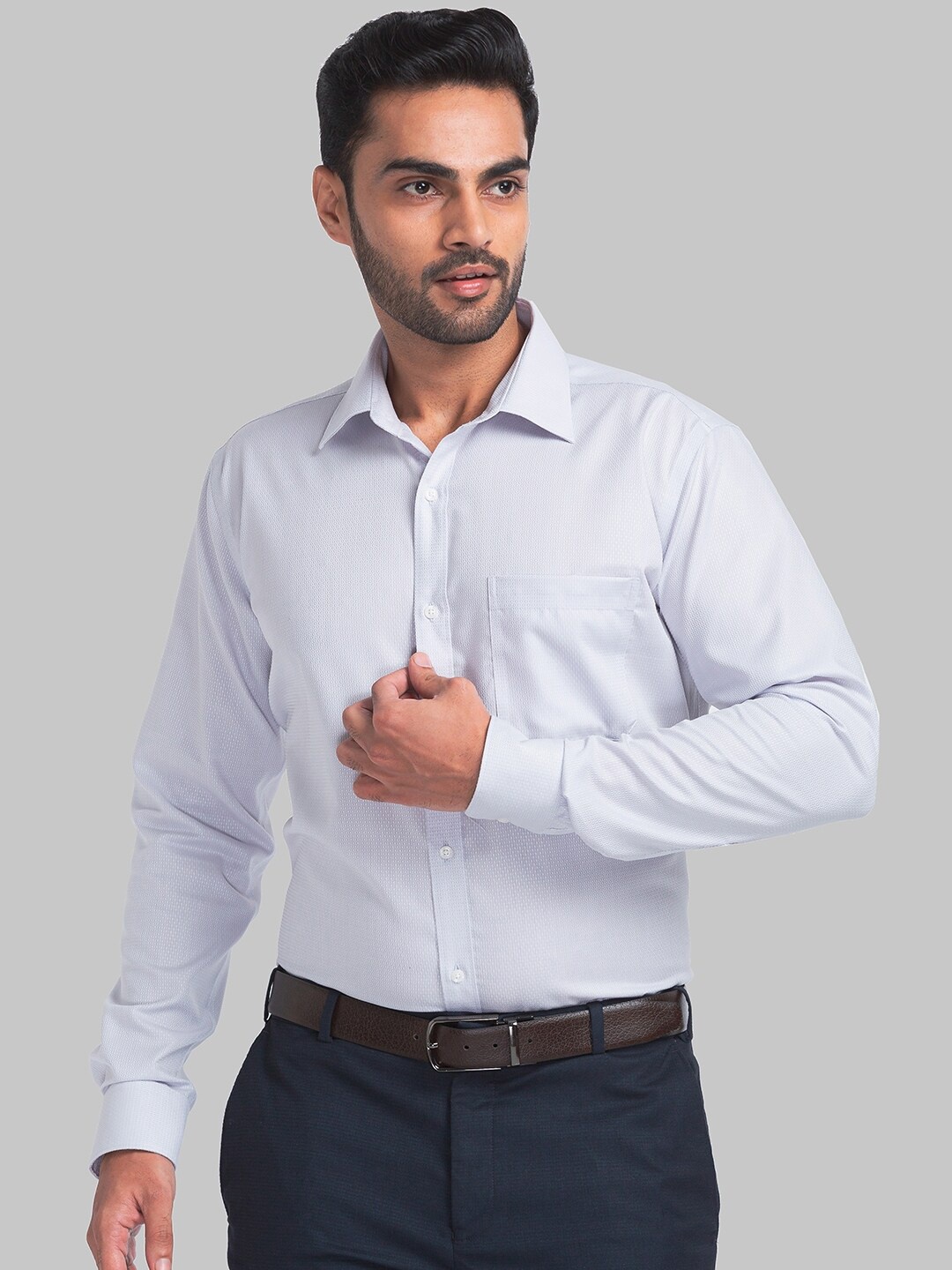 

Raymond Striped Spread Collar Organic Cotton Formal Shirts, Grey