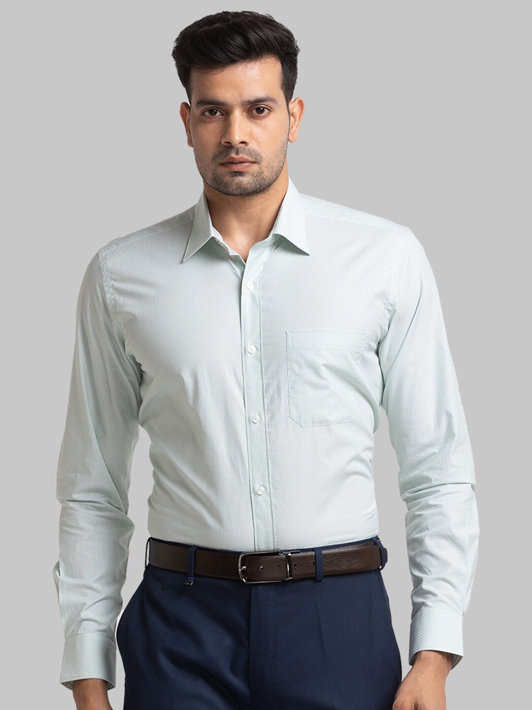 Raymond Contemporary Fit Self Design Pure Cotton Formal Shirt, Green