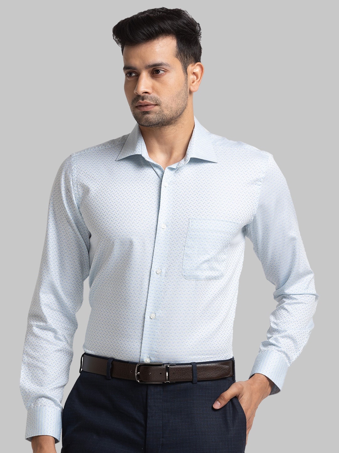 

Raymond Men Self Design Contemporary Fit Pure Cotton Formal Shirts, Blue
