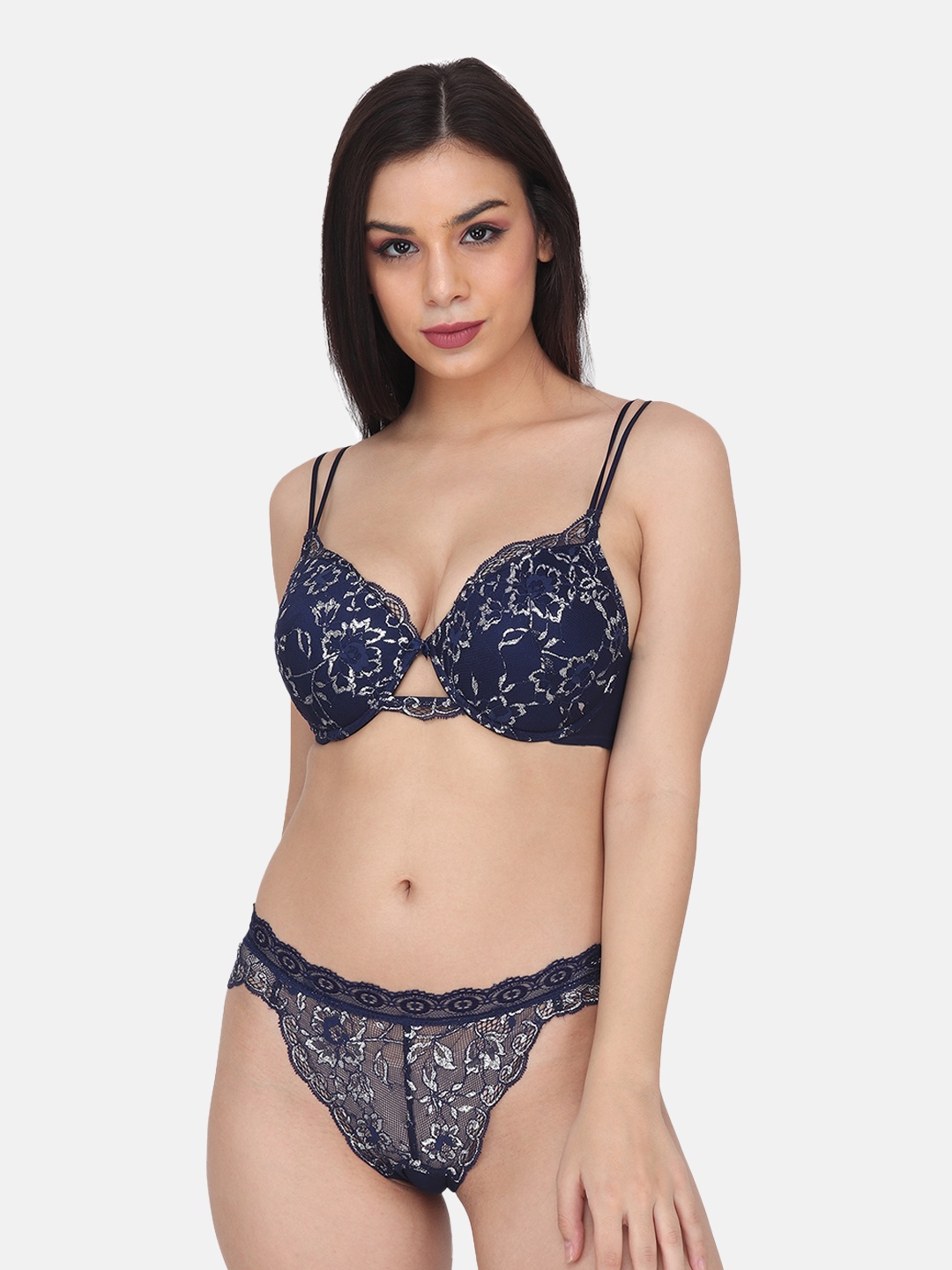 

CURWISH Women Floral Printed Lace Bikini Briefs, Navy blue