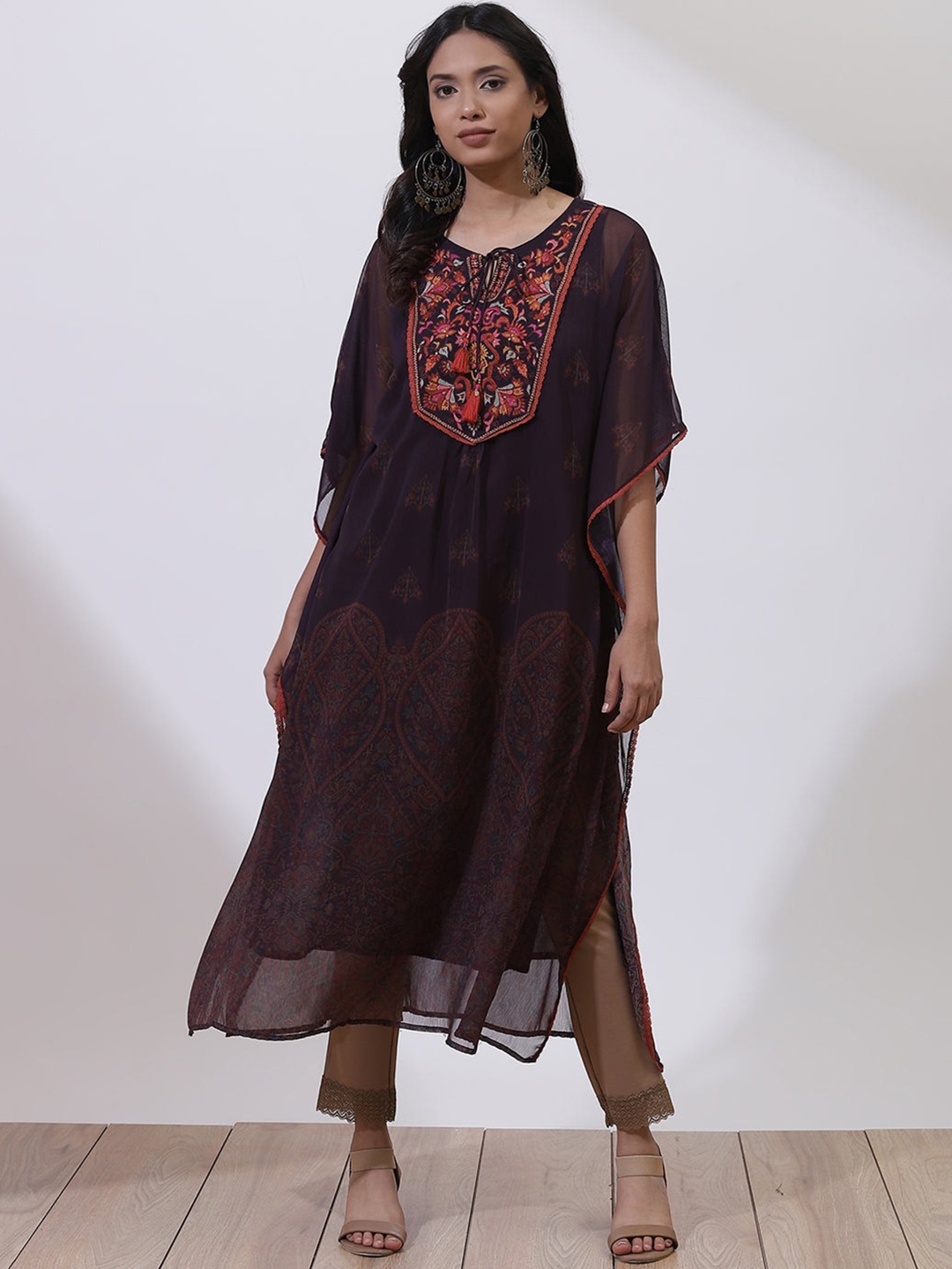 

Lakshita Plus Size Ethnic Motifs Printed Thread Work Sequined Kaftan Kurta, Purple