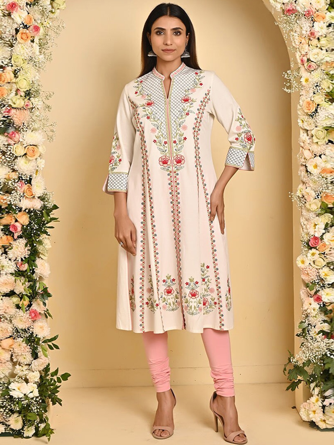 

Lakshita Floral Embroidered Sequined Cotton Kurta, Beige