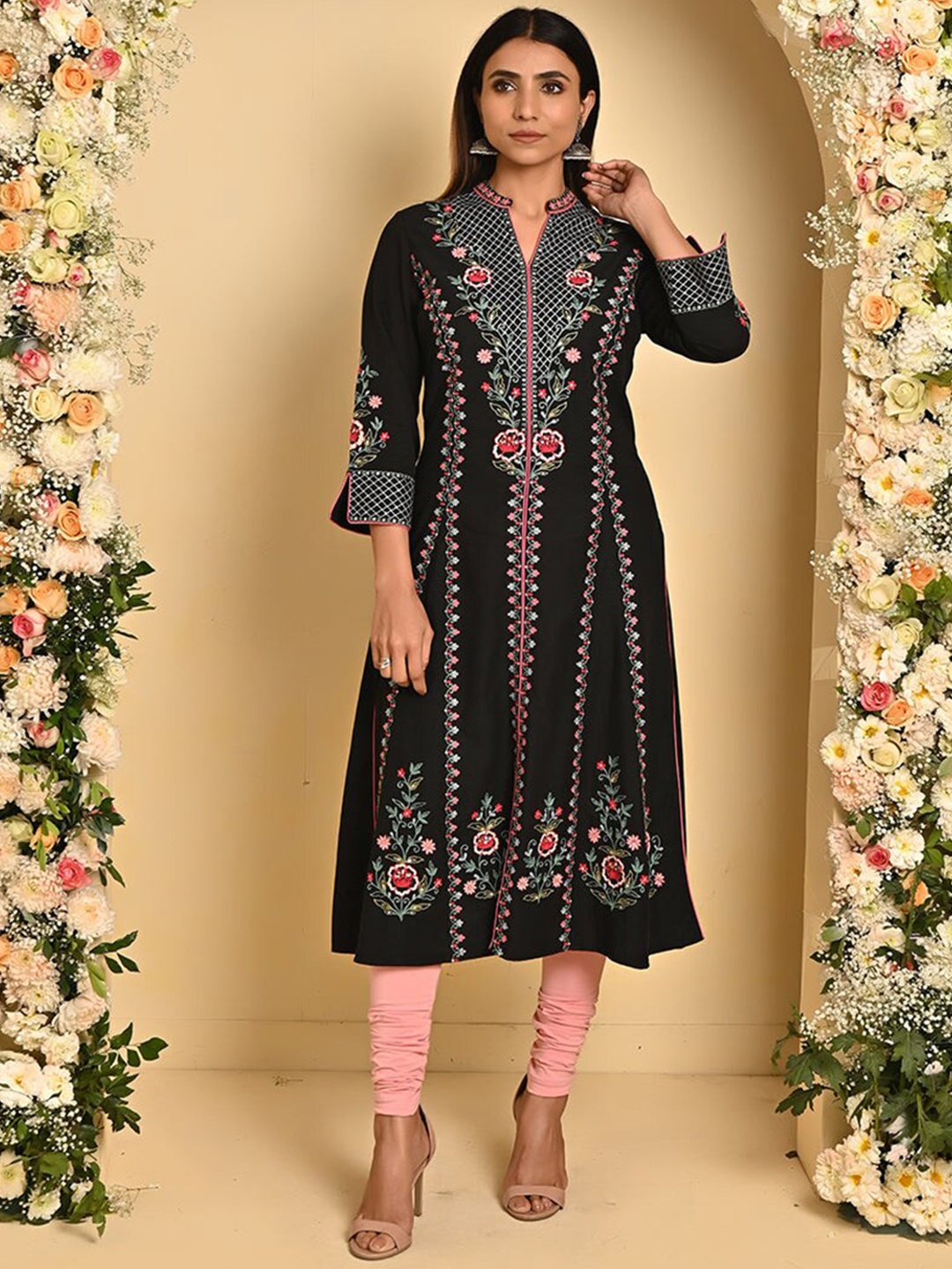 

Lakshita Floral Embroidered Band Collar Sequinned Pure Cotton A-Line Kurta, Black
