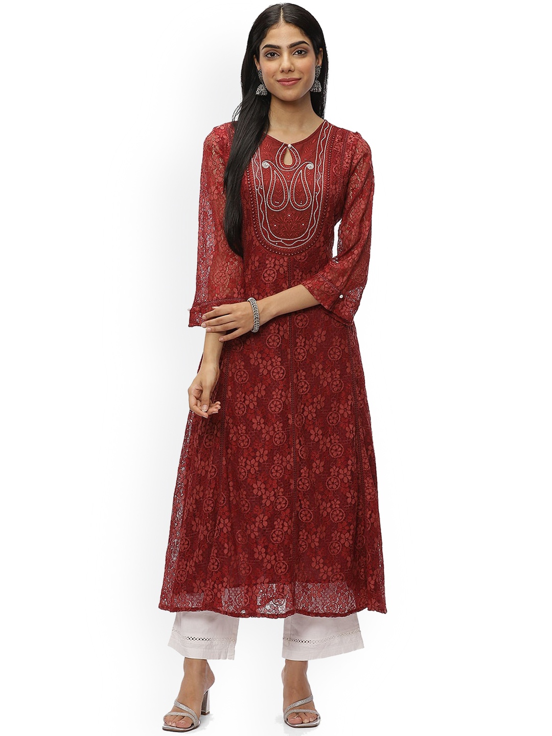

Lakshita Paisley Embroidered Keyhole Neck Beads & Stones Anarkali Kurta, Maroon