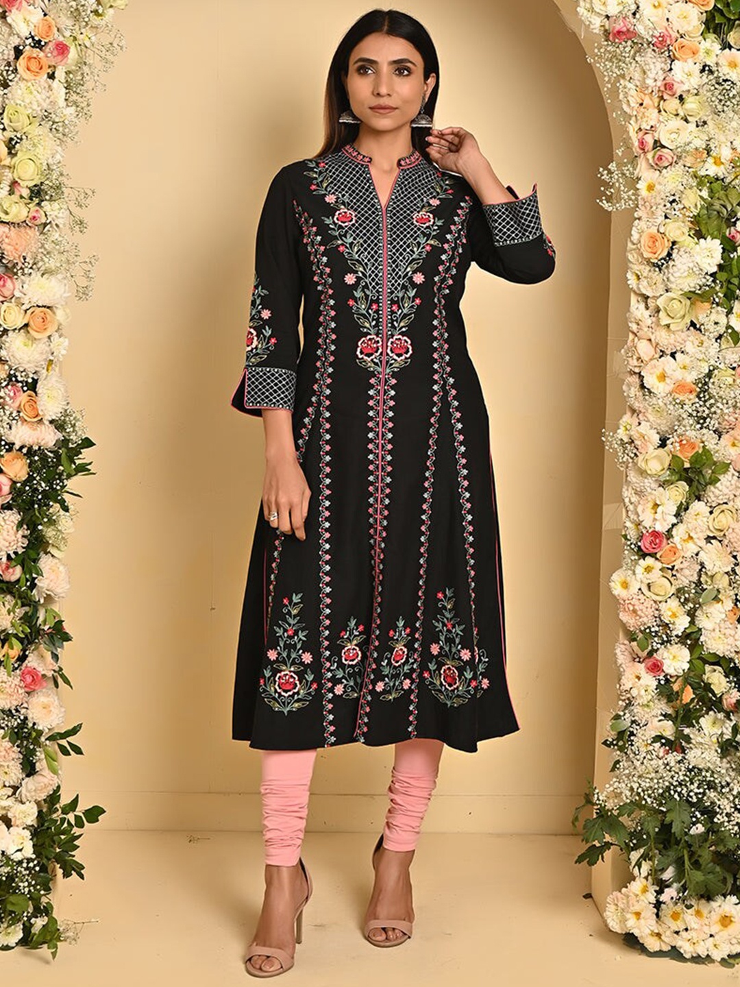 

Lakshita Floral Embroidered Band Collar Sequinned Pure Cotton A-Line Kurta, Black
