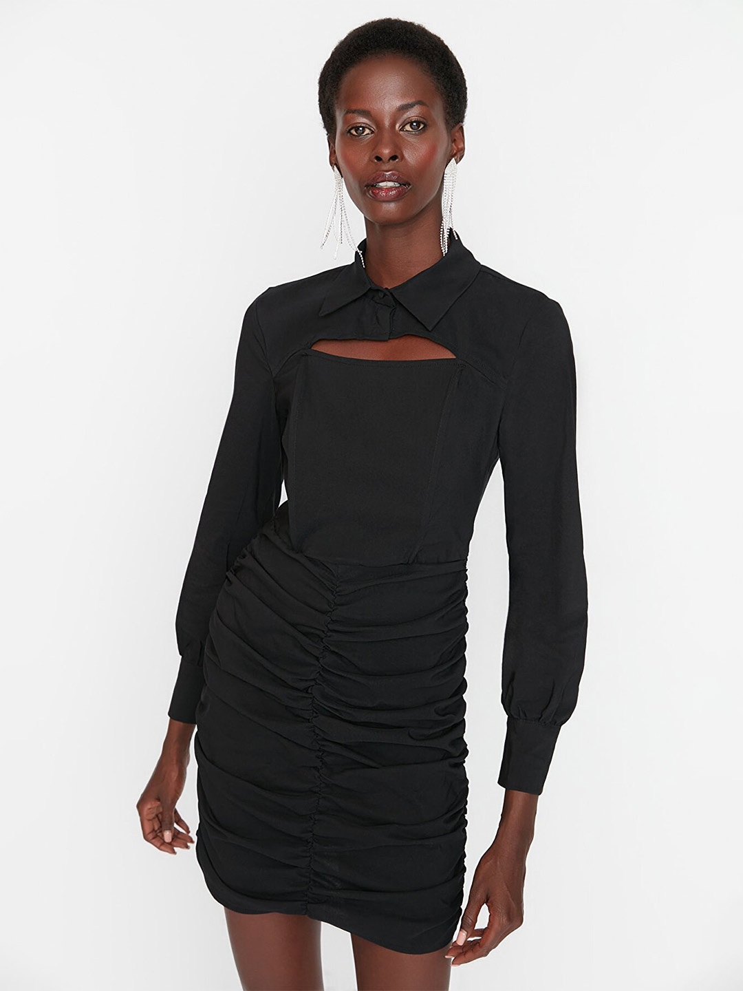 

Trendyol Ruched Shirt Collar Bodycon Dress, Black