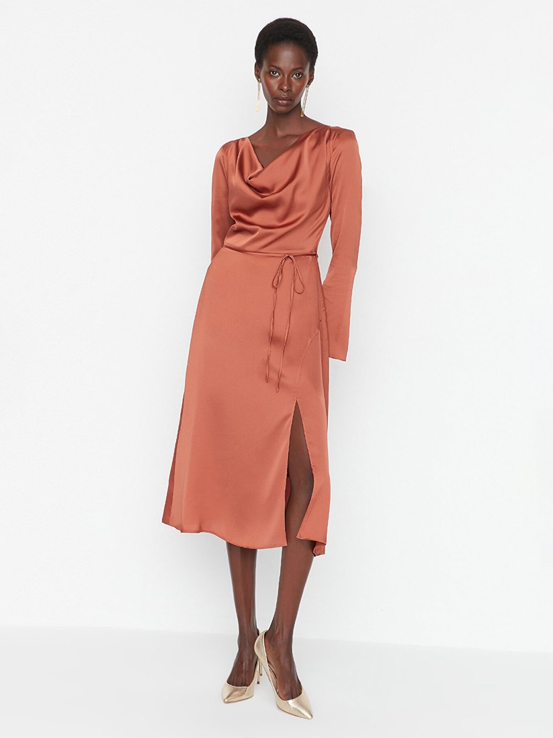 

Trendyol Front Slit Cowl Neck Midi A-Line Dress, Tan