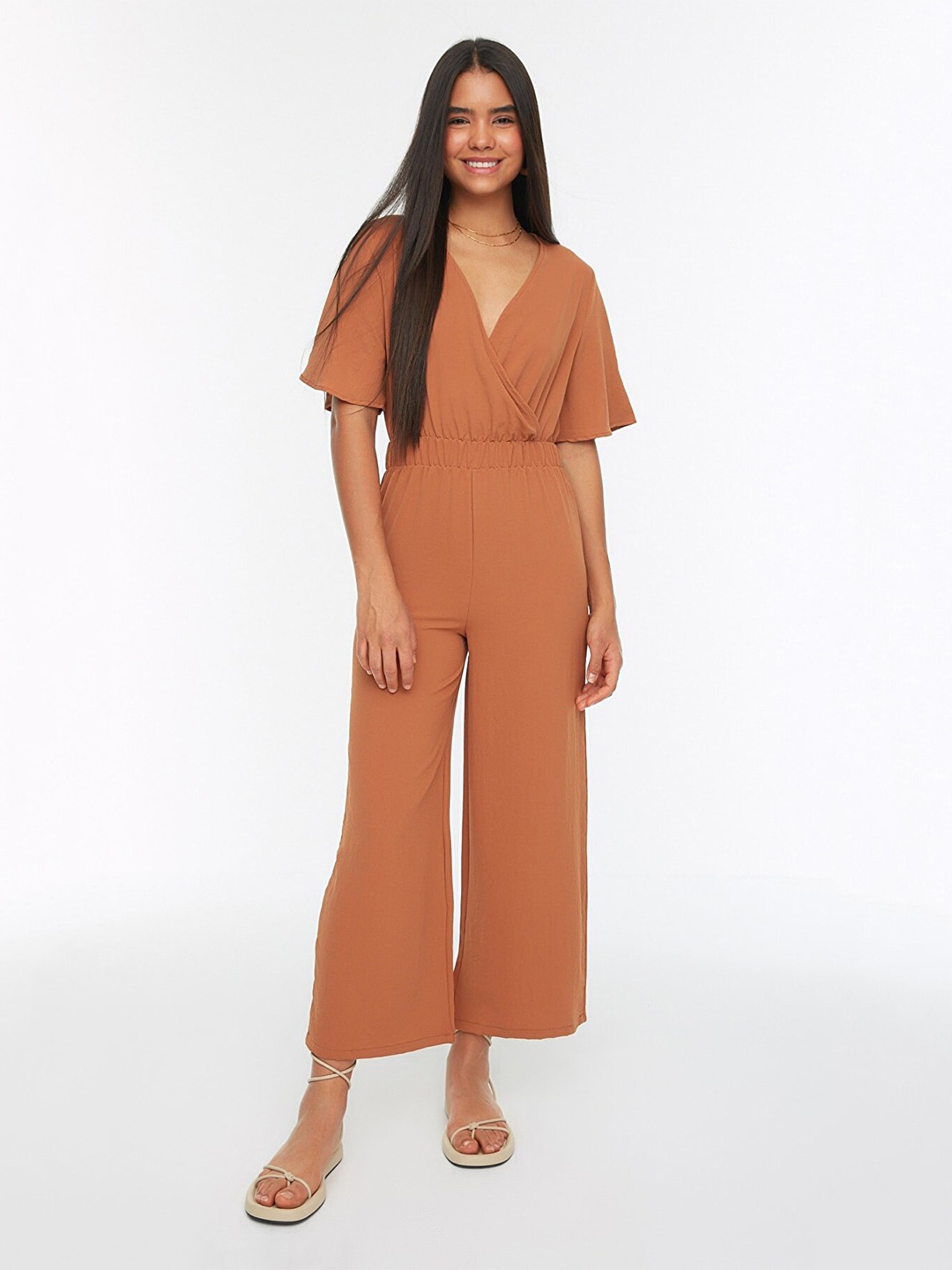 

Trendyol V-Neck Flared Sleeves Basic Jumpsuit, Brown