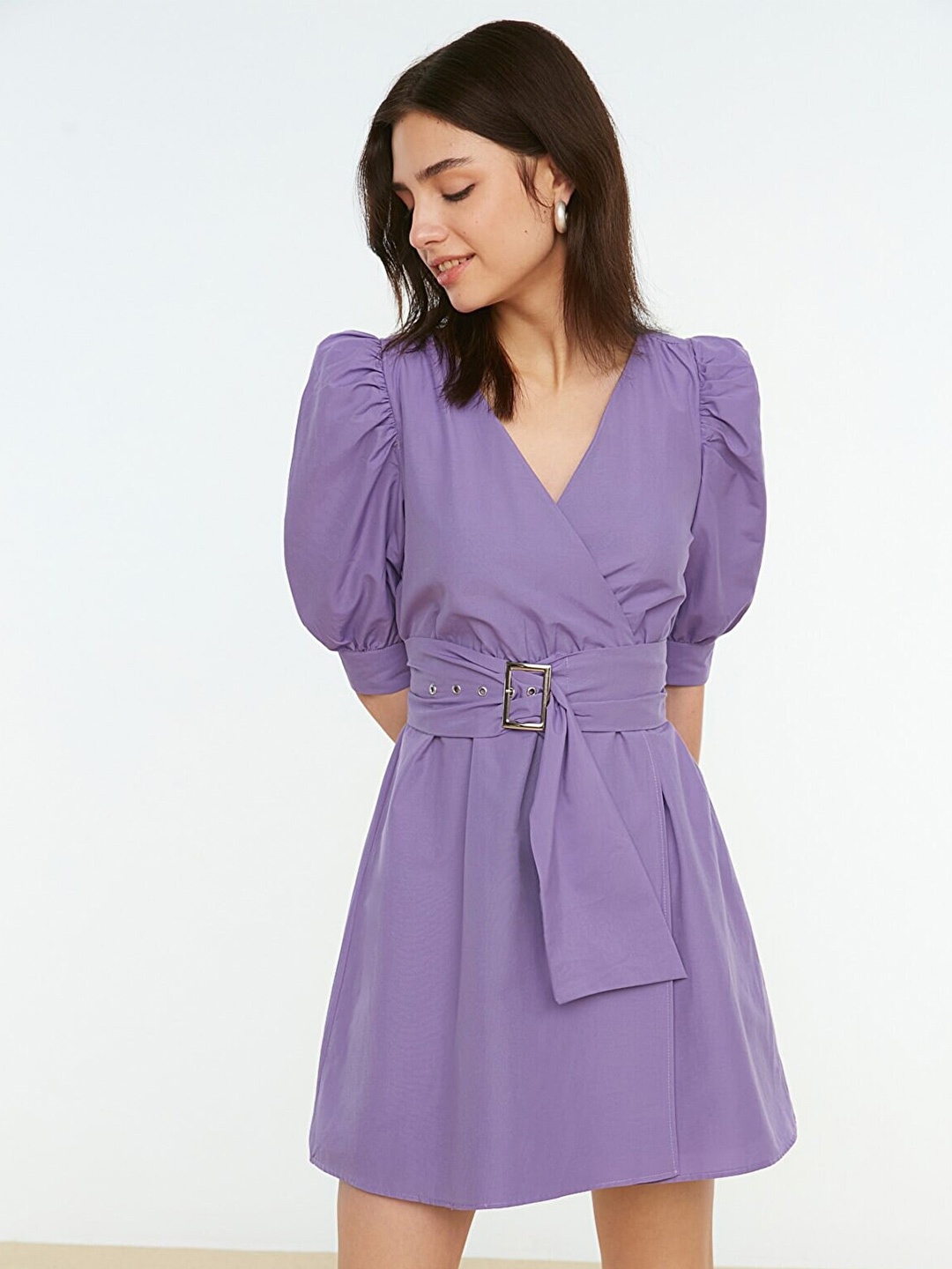 

Trendyol V-Neck Belted Puff Sleeves Wrap Dress, Lavender