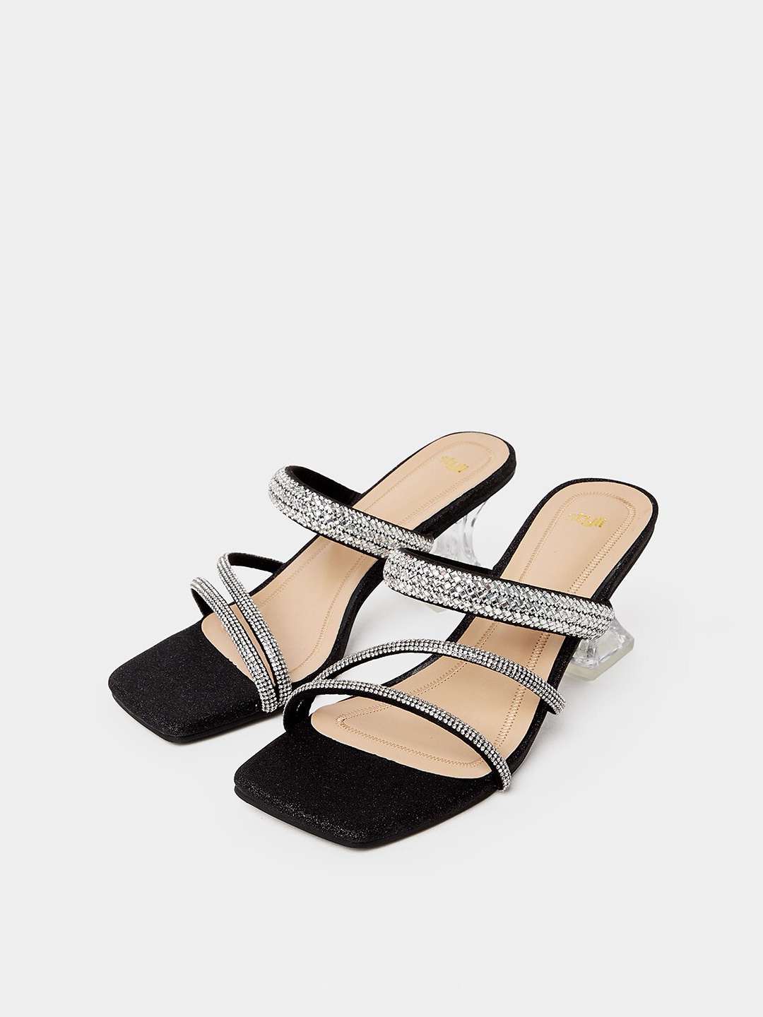 

Styli Black Embellished Open Toe Block Heels