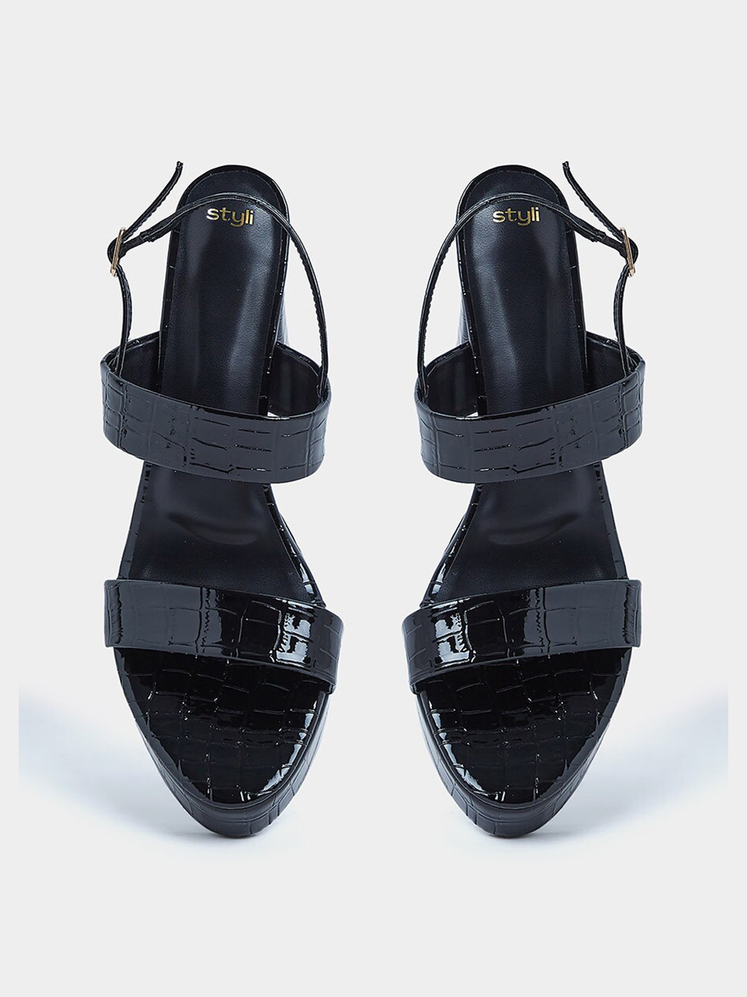 

Styli Black Open Toe Synthetic Leather Platform Heels